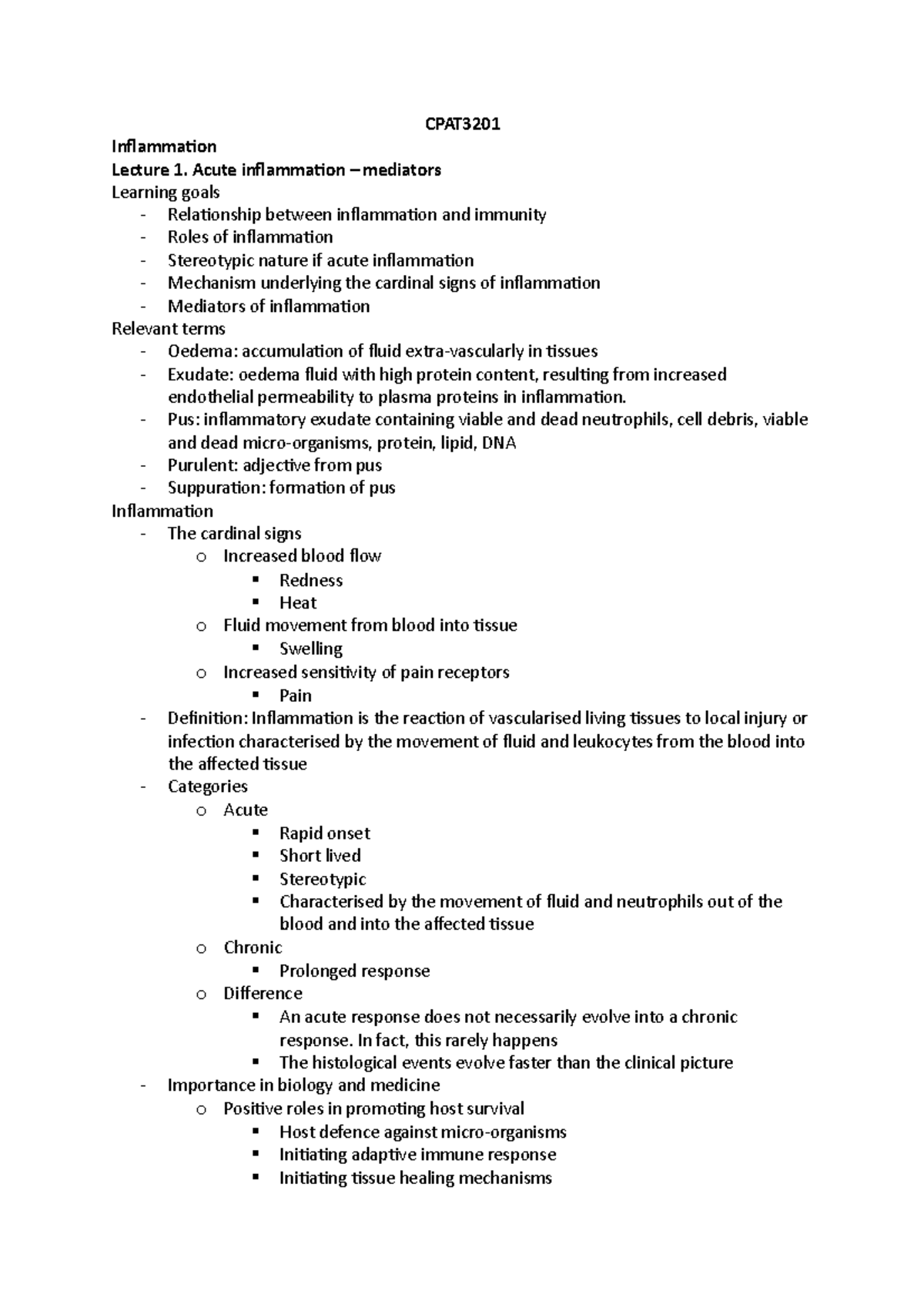 Inflammation lecture note - CPAT Inflammation Lecture 1. Acute ...