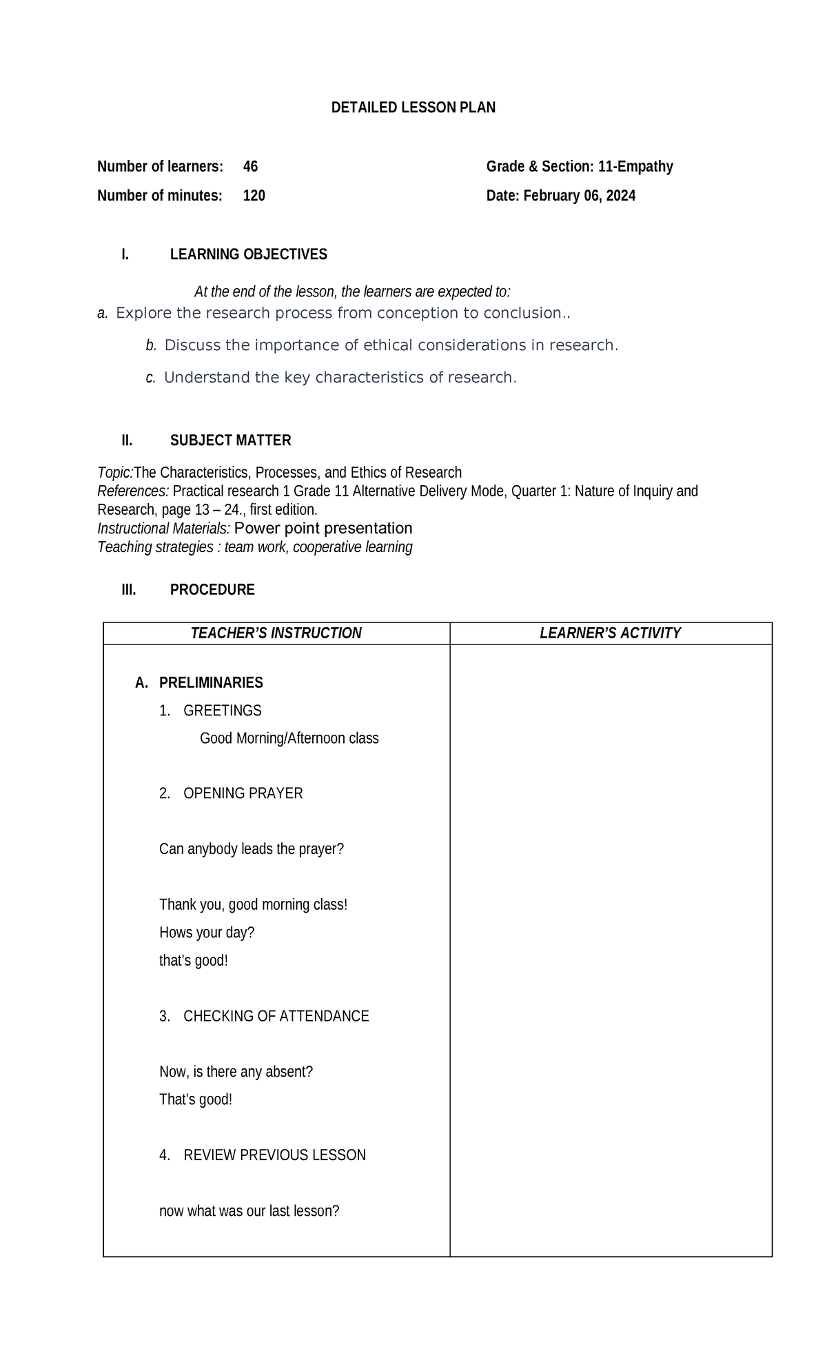 Btled Detailed Lesson PLAN - DETAILED LESSON PLAN Number Of Learners ...