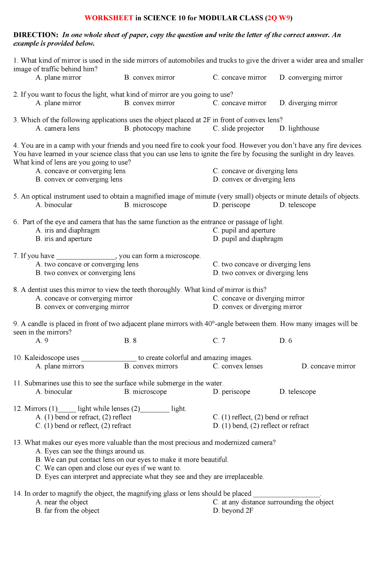 Worksheet-Modular-Class-Long-Test-2Q-W9 - WORKSHEET in SCIENCE 10 for ...