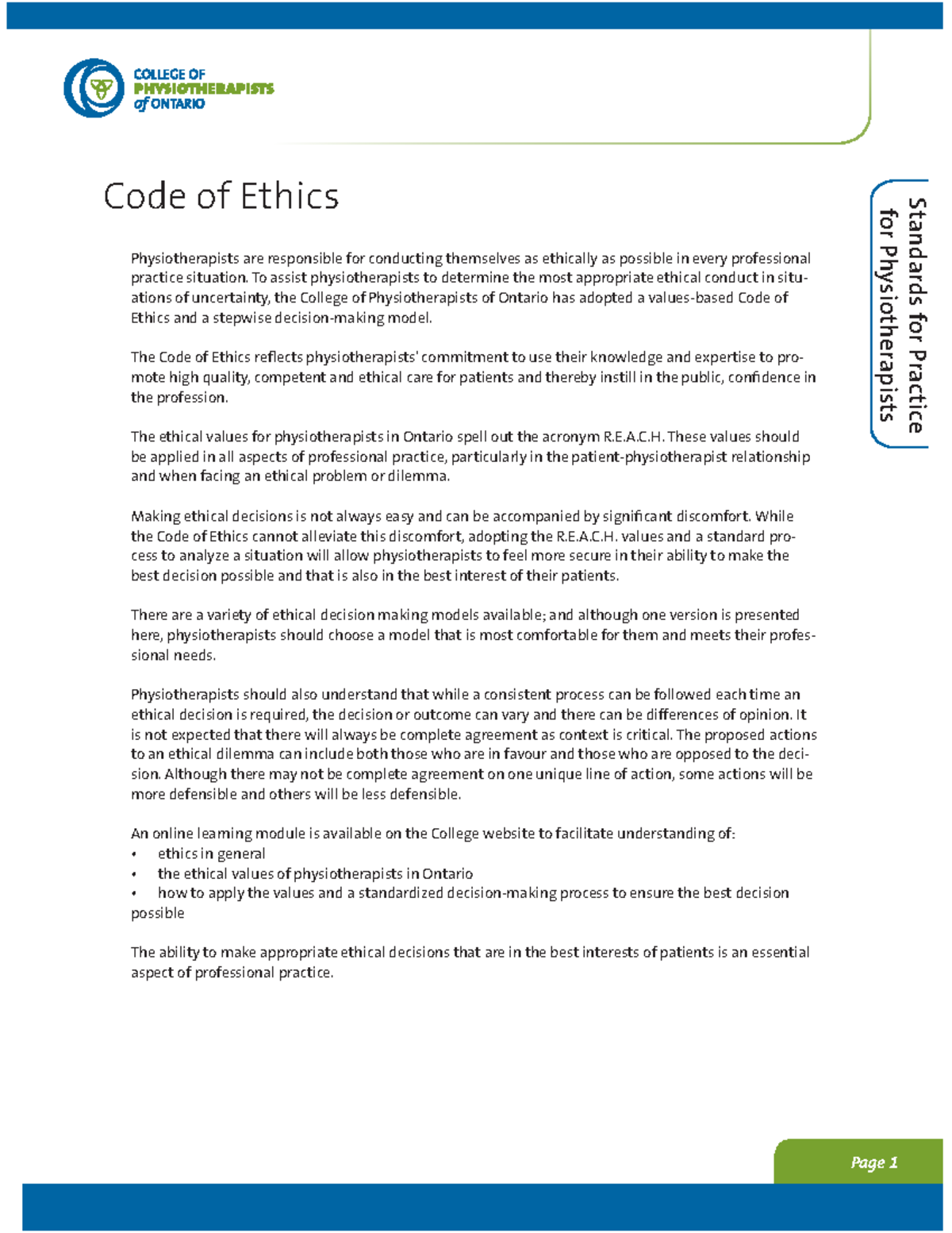 Physiotherapy Code Of Ethics - Page 1 Standards for Practice Code of ...