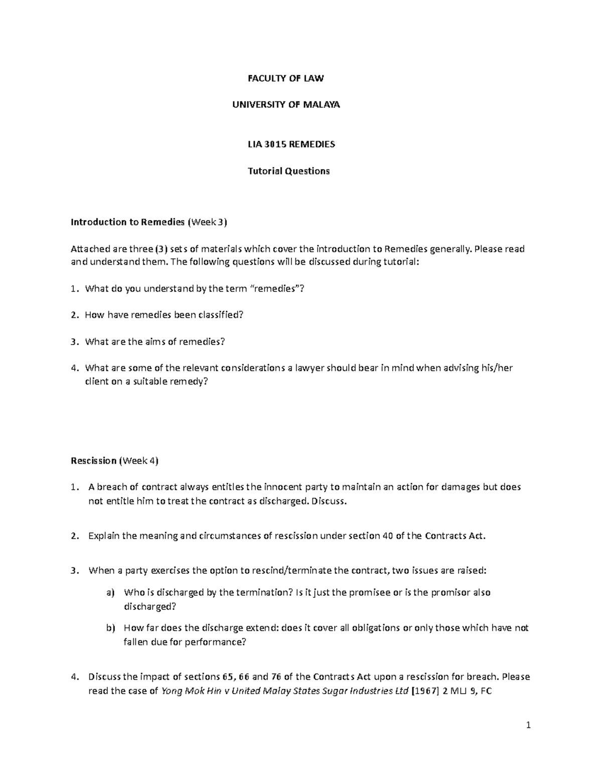 Tutorial Questions Faculty Of Law University Of Malaya Lia 3015 Tutorial Questions Faculty Of Law University Of Malaya Lia 3015