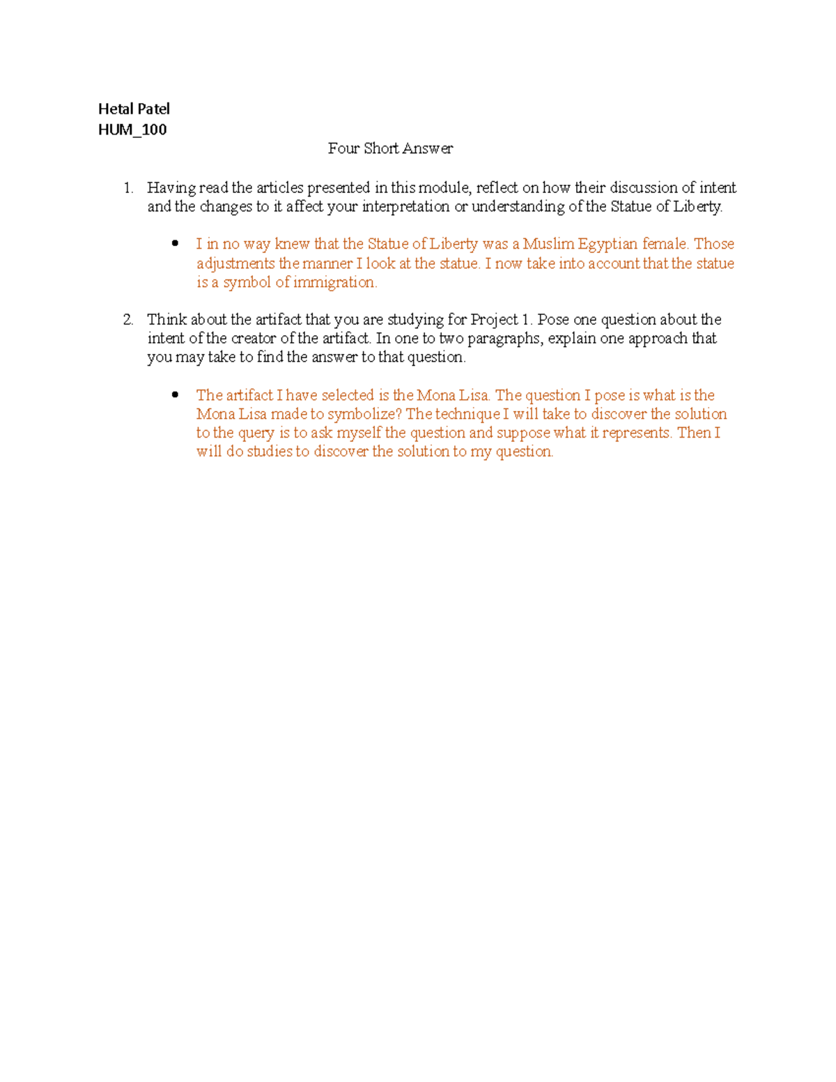 41 Short Answer Intent for the Statue of Liberty Hetal Patel HUM