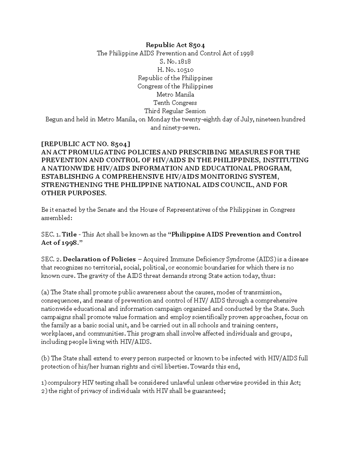 RA-8504 - Ra 8504 - Republic Act 8504 The Philippine AIDS Prevention ...