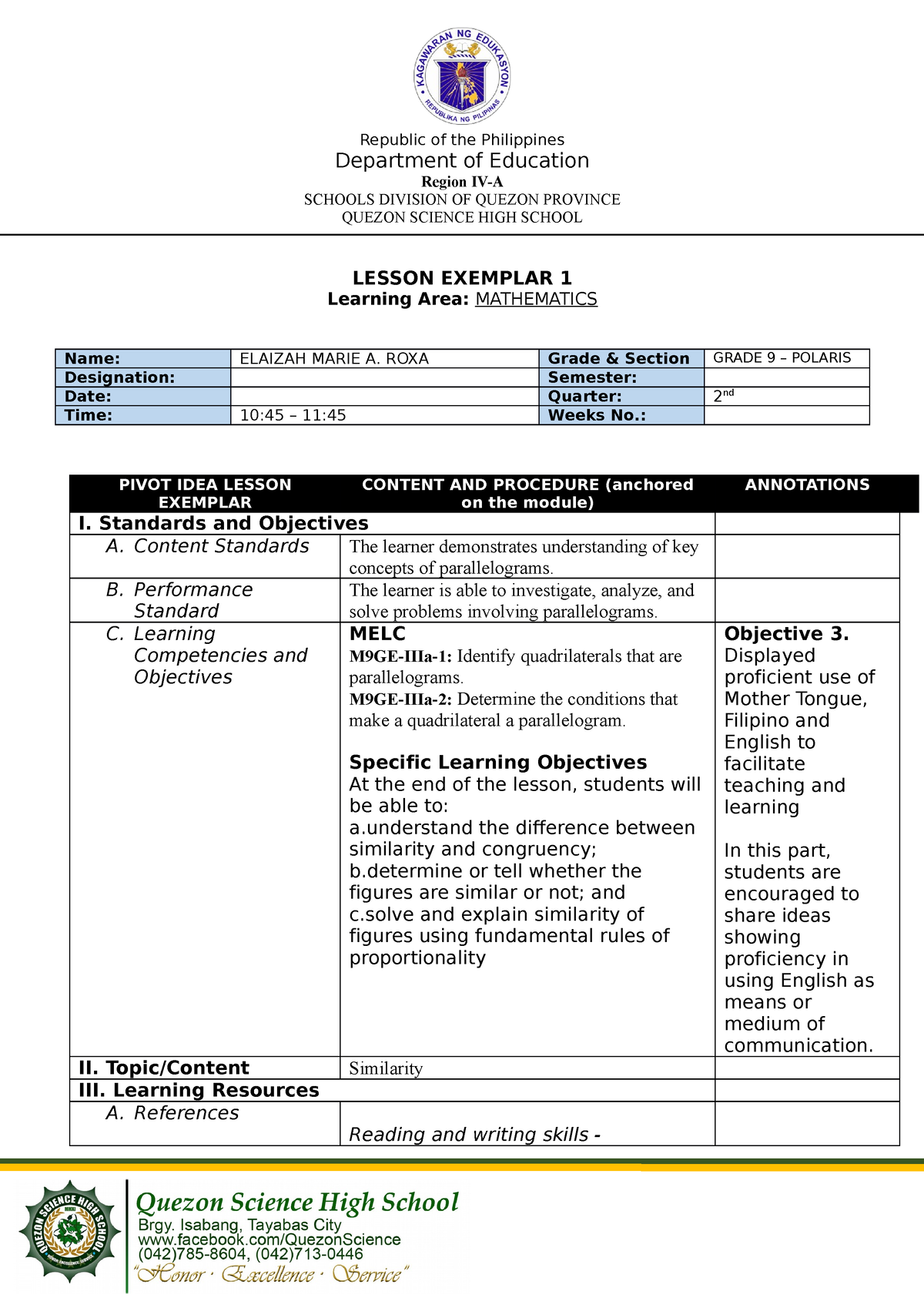 Exemplar with annotation - Similarity - Mathematics 4 - Studocu