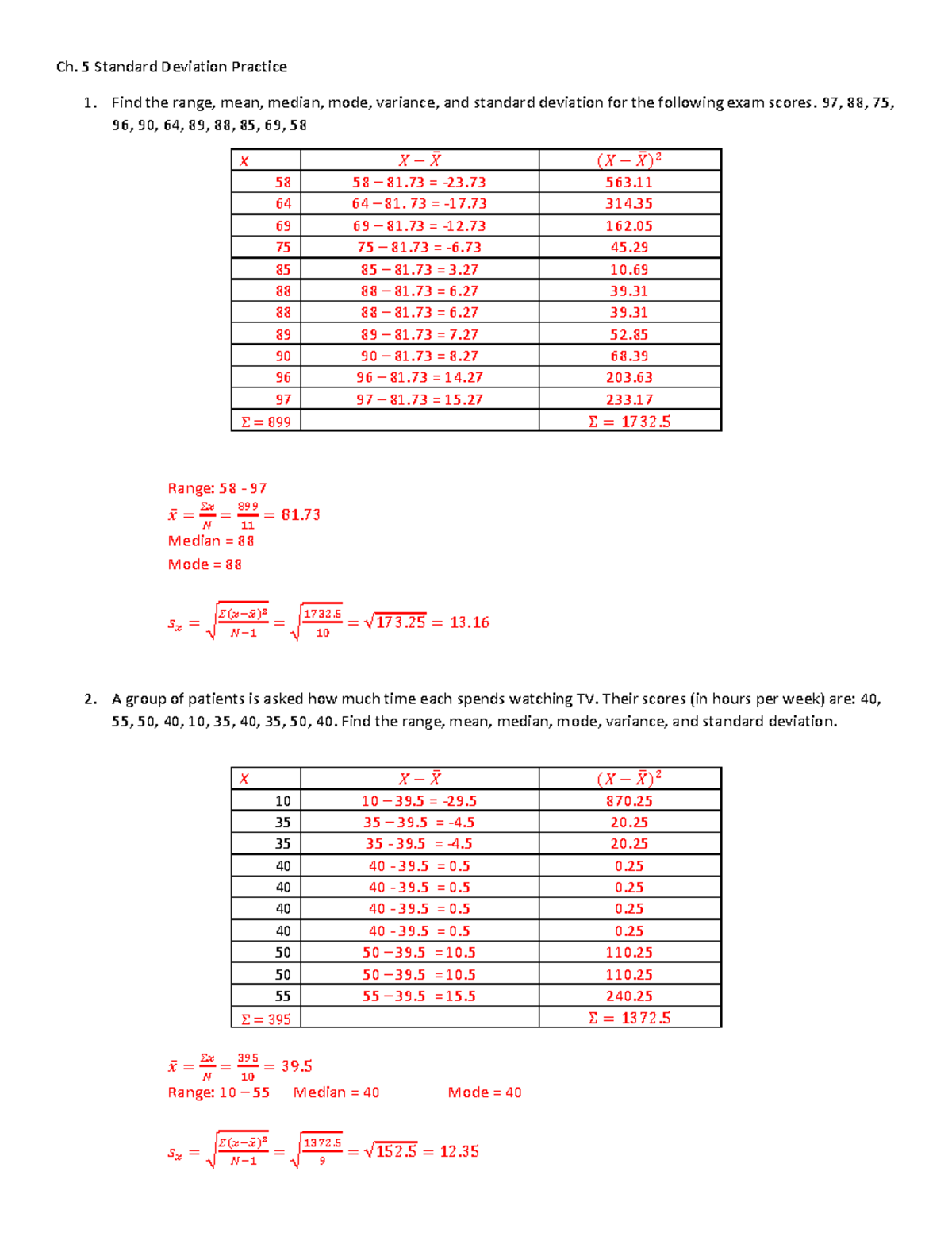 Standard Deviation Practice Answers Ch. 5 Standard Deviation Practice A group of patients is