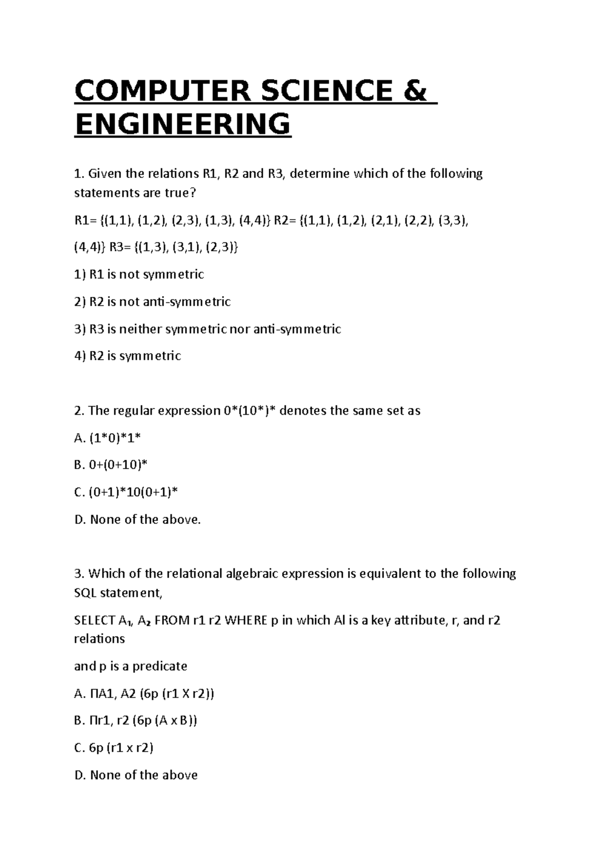 Computer Science - Objective questions - COMPUTER SCIENCE & ENGINEERING ...