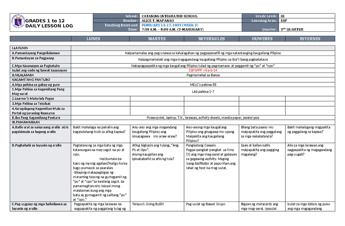 DLL ESP 3 Q3 W2 - DLL - GRADES 1 to 12 DAILY LESSON LOG School ...