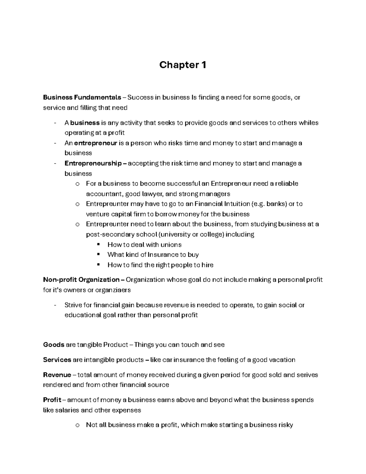 Business Org Mid-term notes - Chapter 1 Business Fundamentals – Success ...