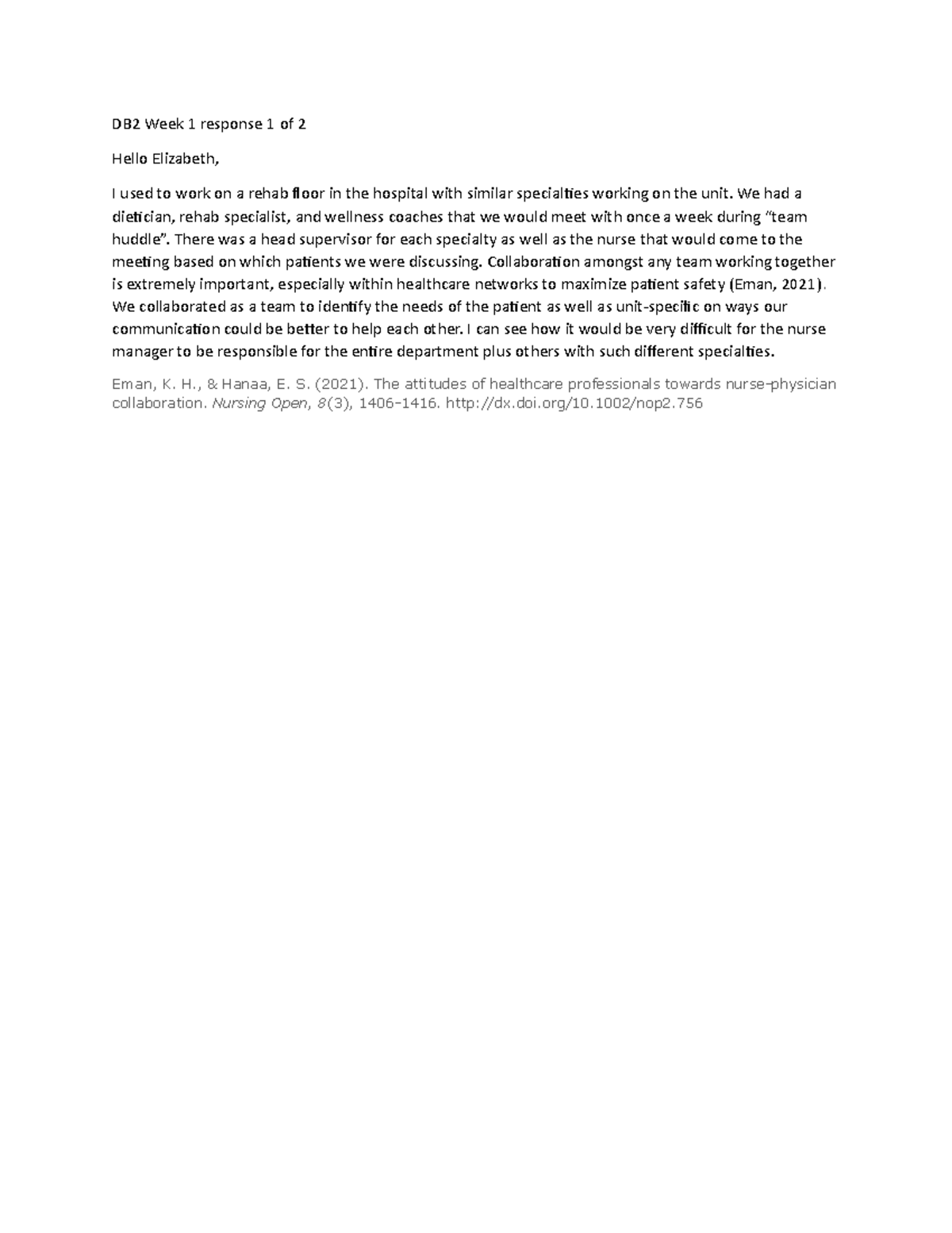 DB repsone 2 of 2 wk 1 - Lecture modules - DB2 Week 1 response 1 of 2 ...
