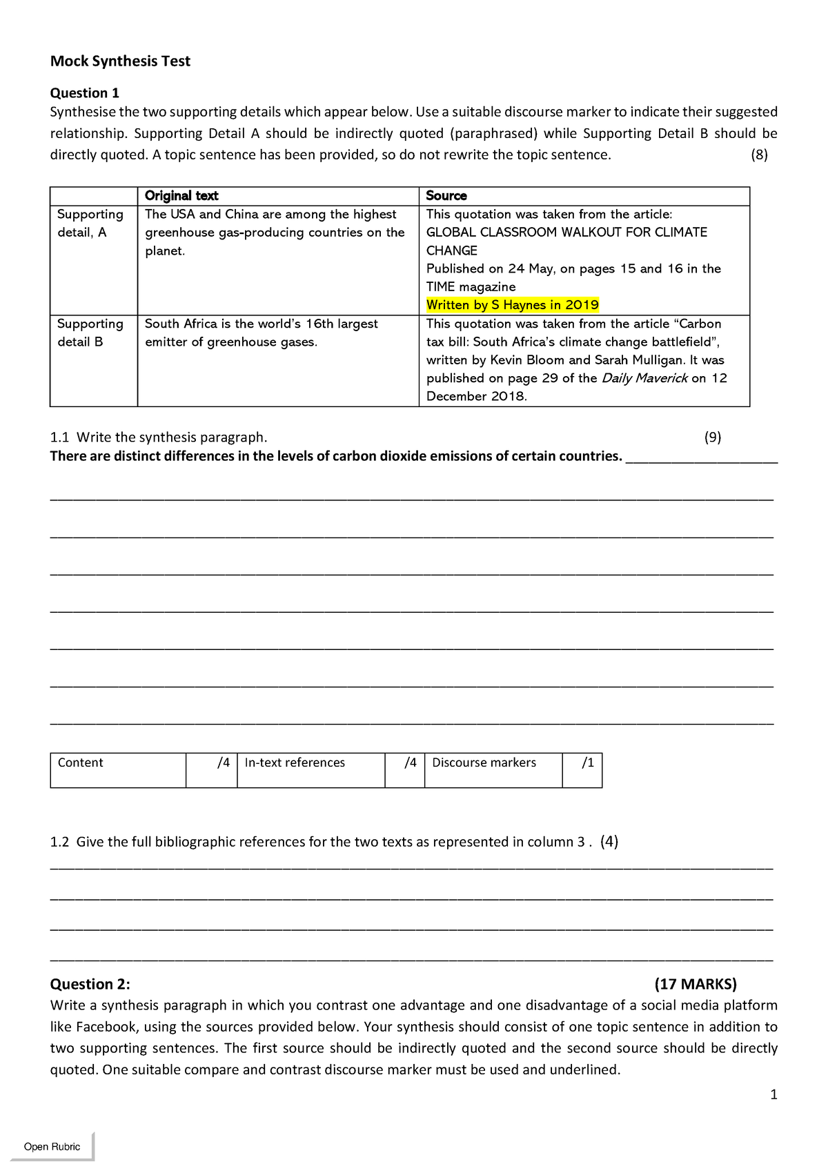 Revision Test - practice - 1 Mock Synthesis Test Question 1 Synthesise ...