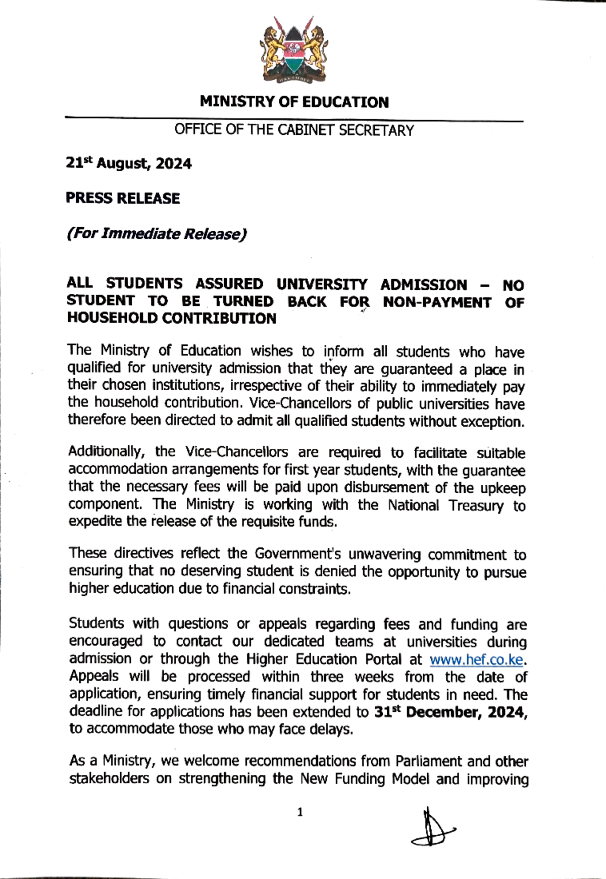 ALL Students Assured University Admission - OFFICE OF THE CABINET ...