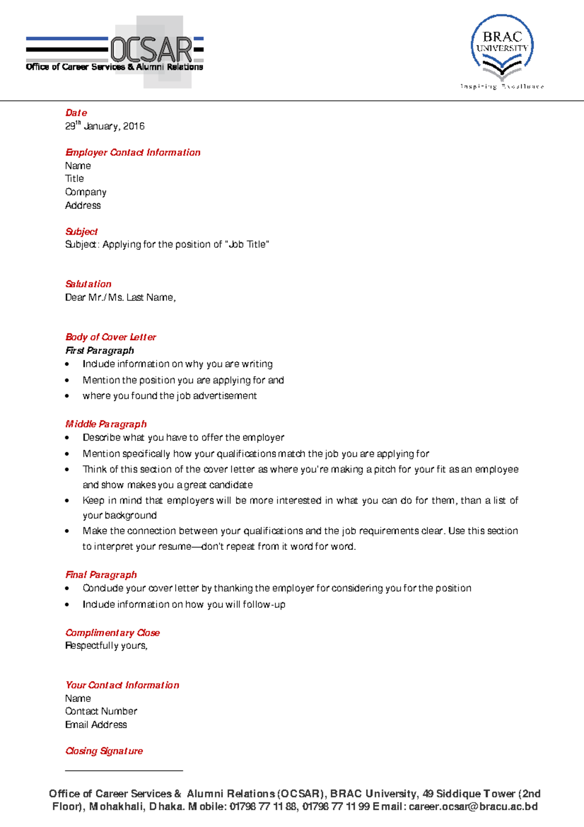 Cover Letter Format Ocsar - Office of Career Services & Alumni ...