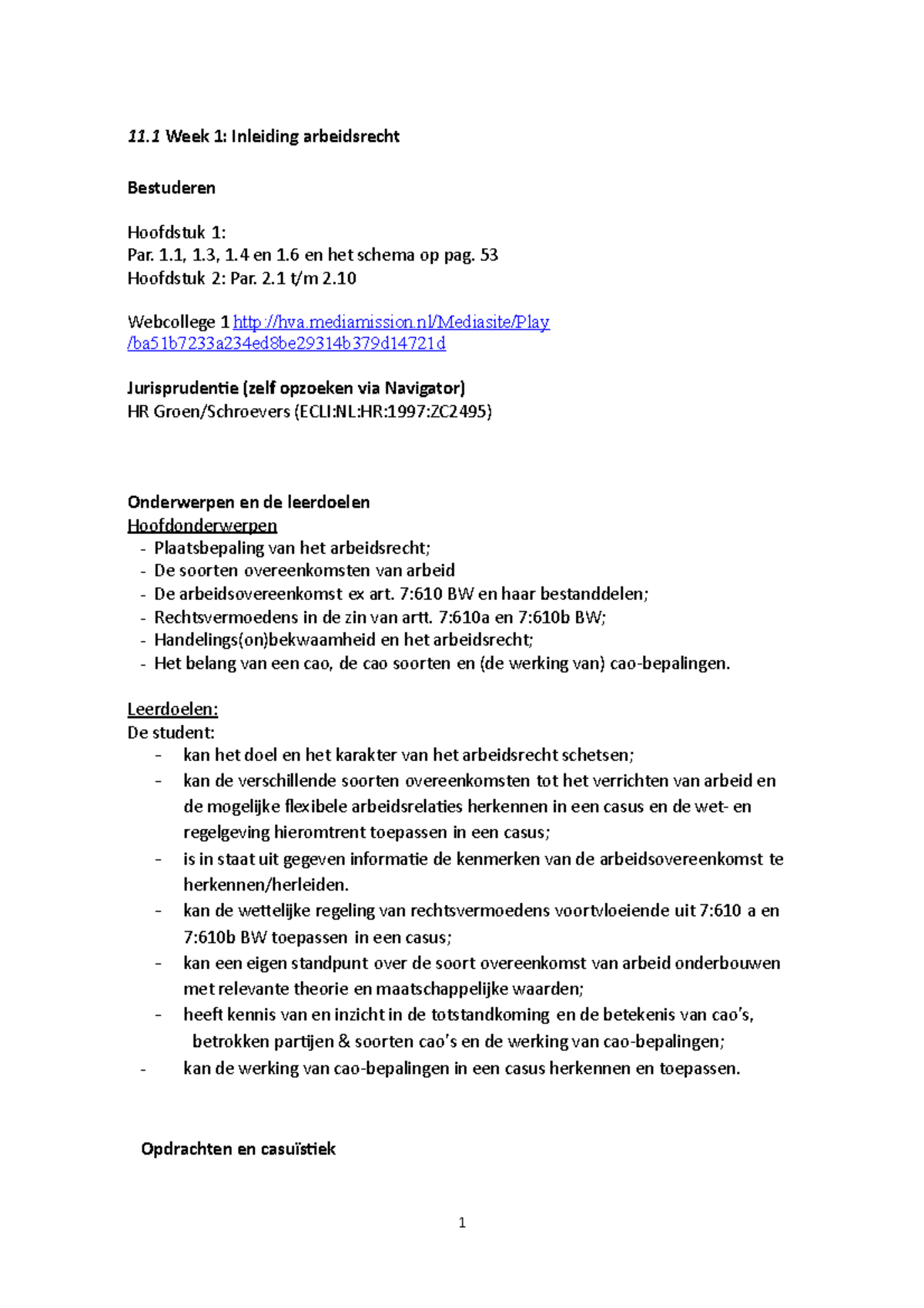 Opdrachten En Uitwerking Arbeidsrecht Week1, Met Antwoorden ...