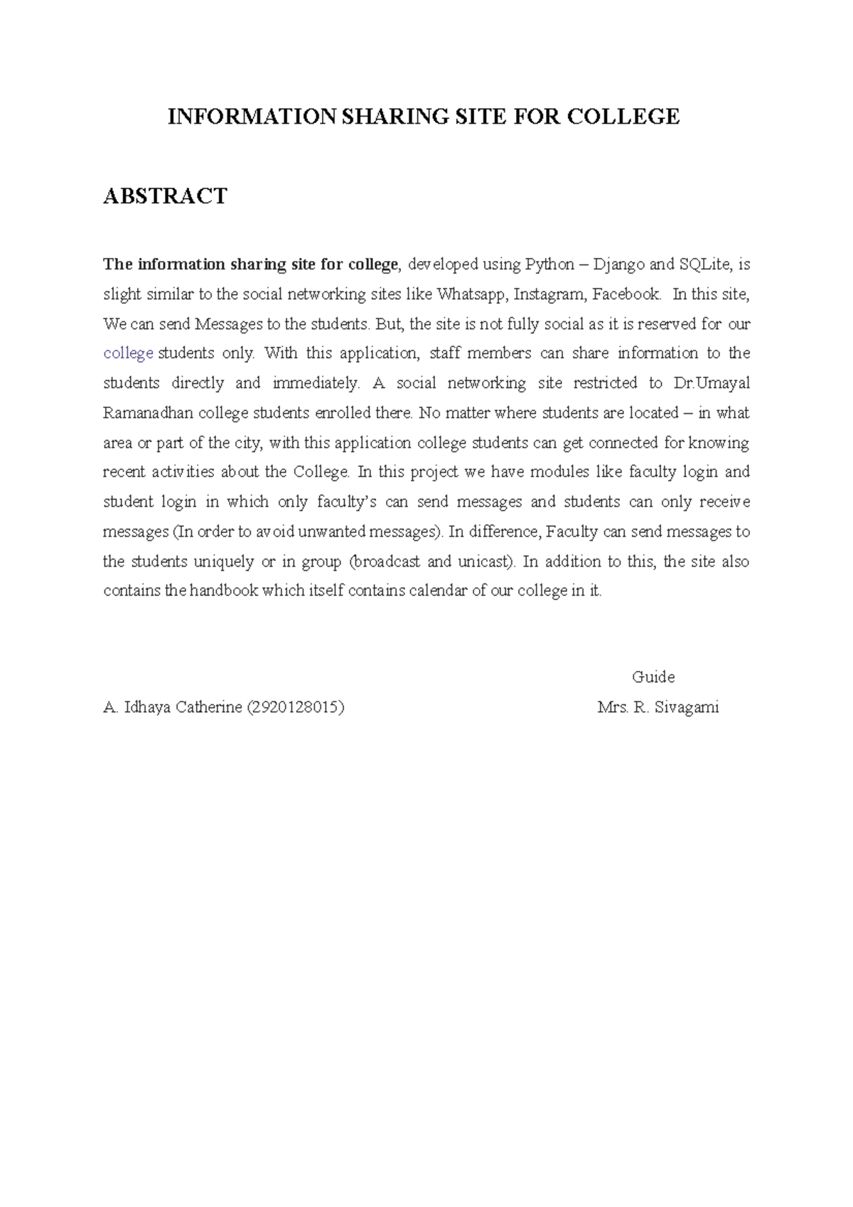 Abstract - INFORMATION SHARING SITE FOR COLLEGE ABSTRACT The ...