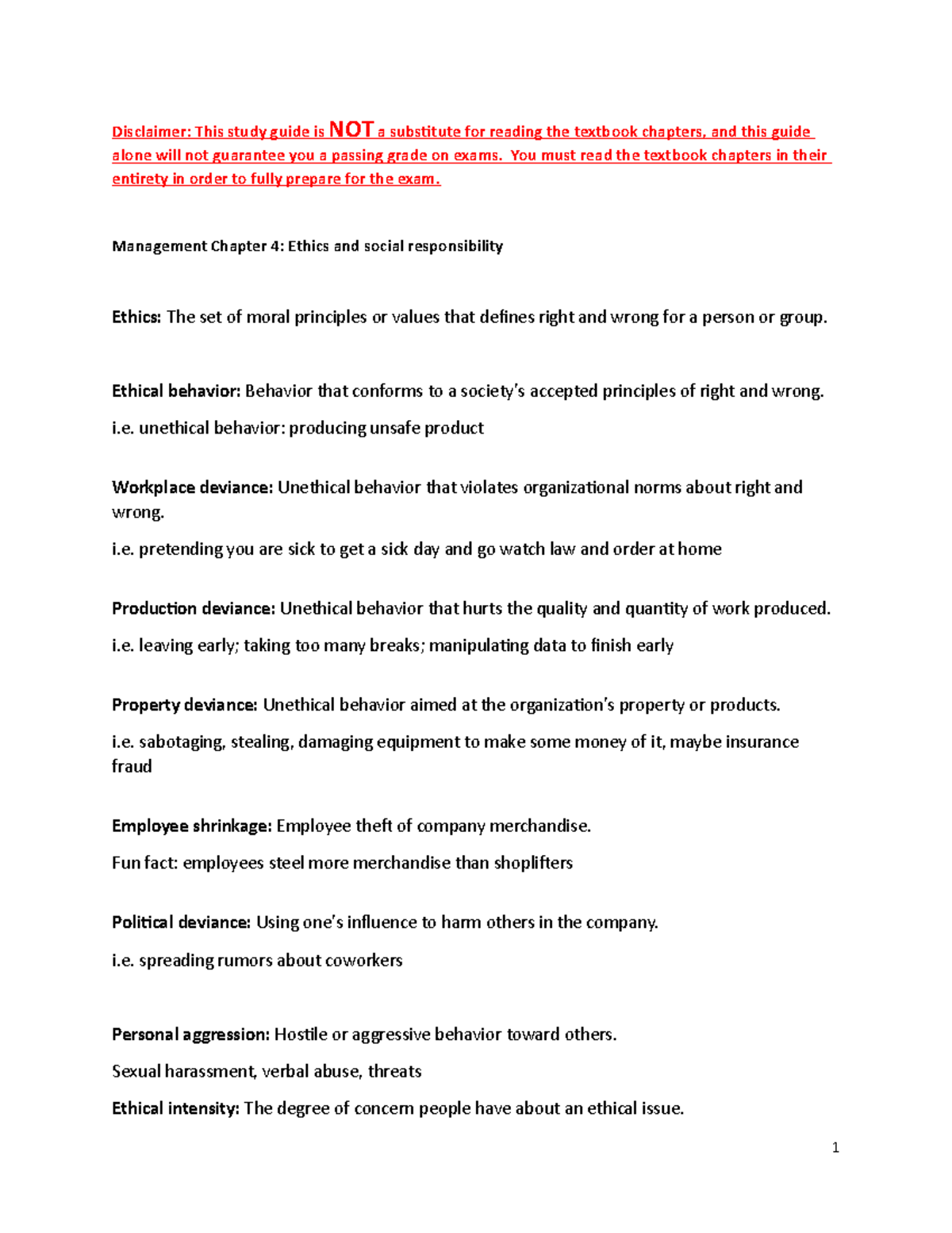 Chapter 4 Study Guide management - Disclaimer: This study guide is NOT ...