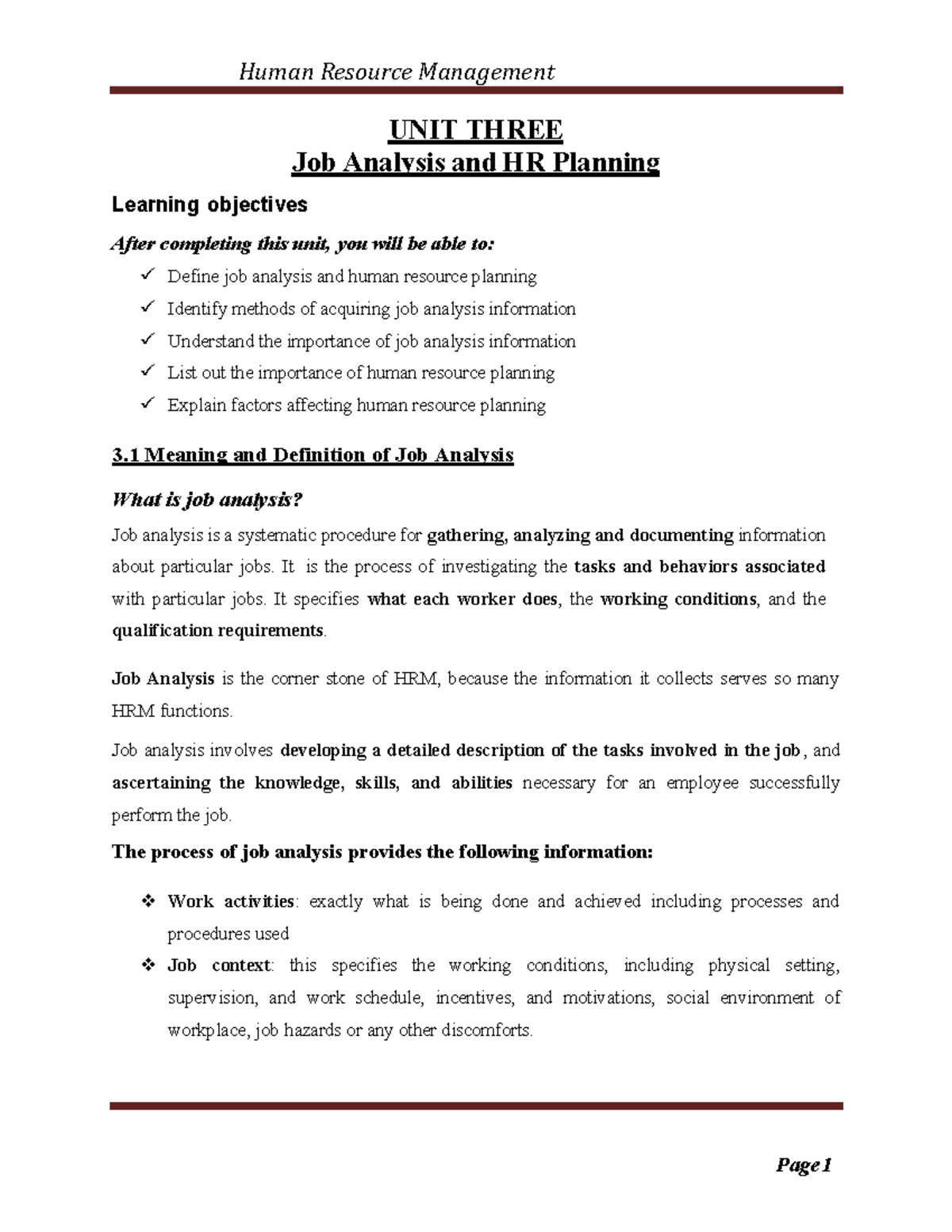 HRM Chapter 3 Lecture Note - Human Resource Management Page UNIT THREE ...