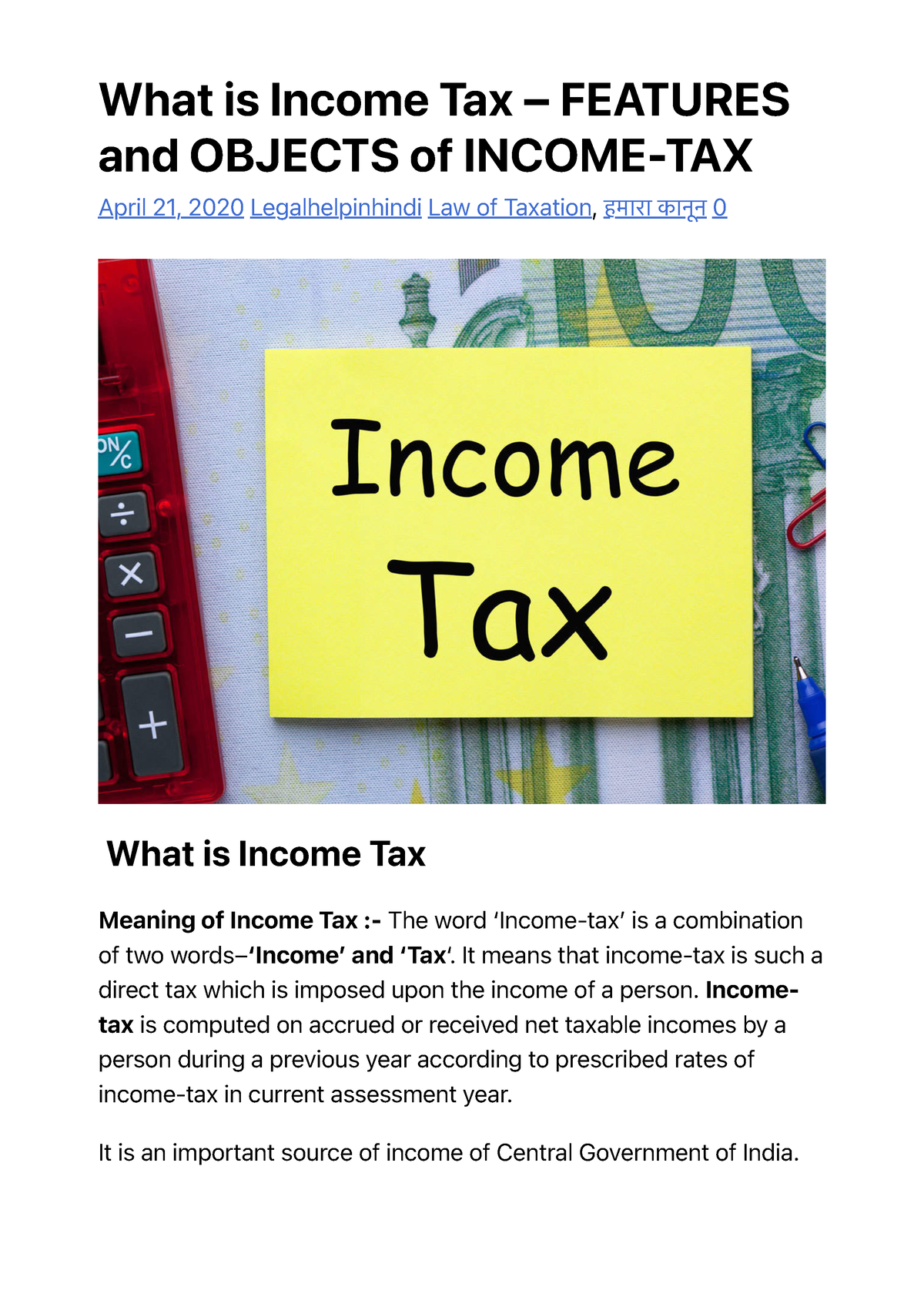 What is Income Tax - Features and Objects of Income-TAX - Law of ...