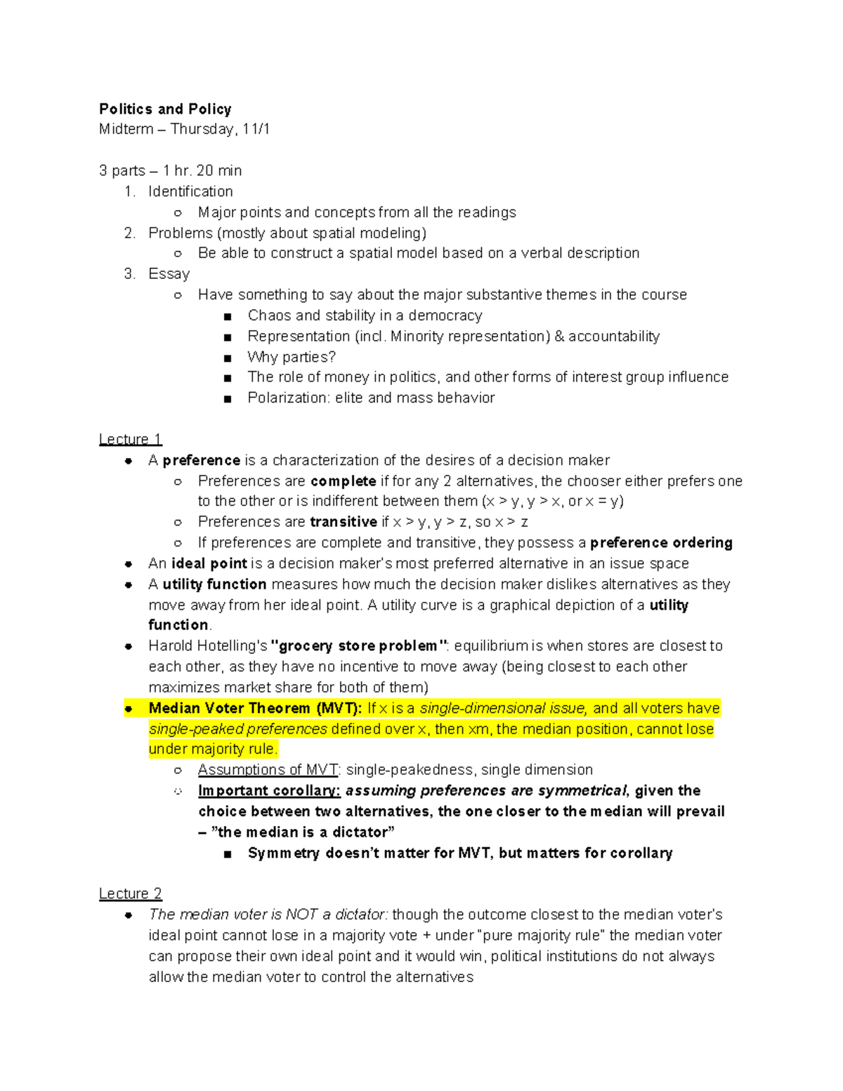 Politics and policy lecture notes - Politics and Policy Midterm ...