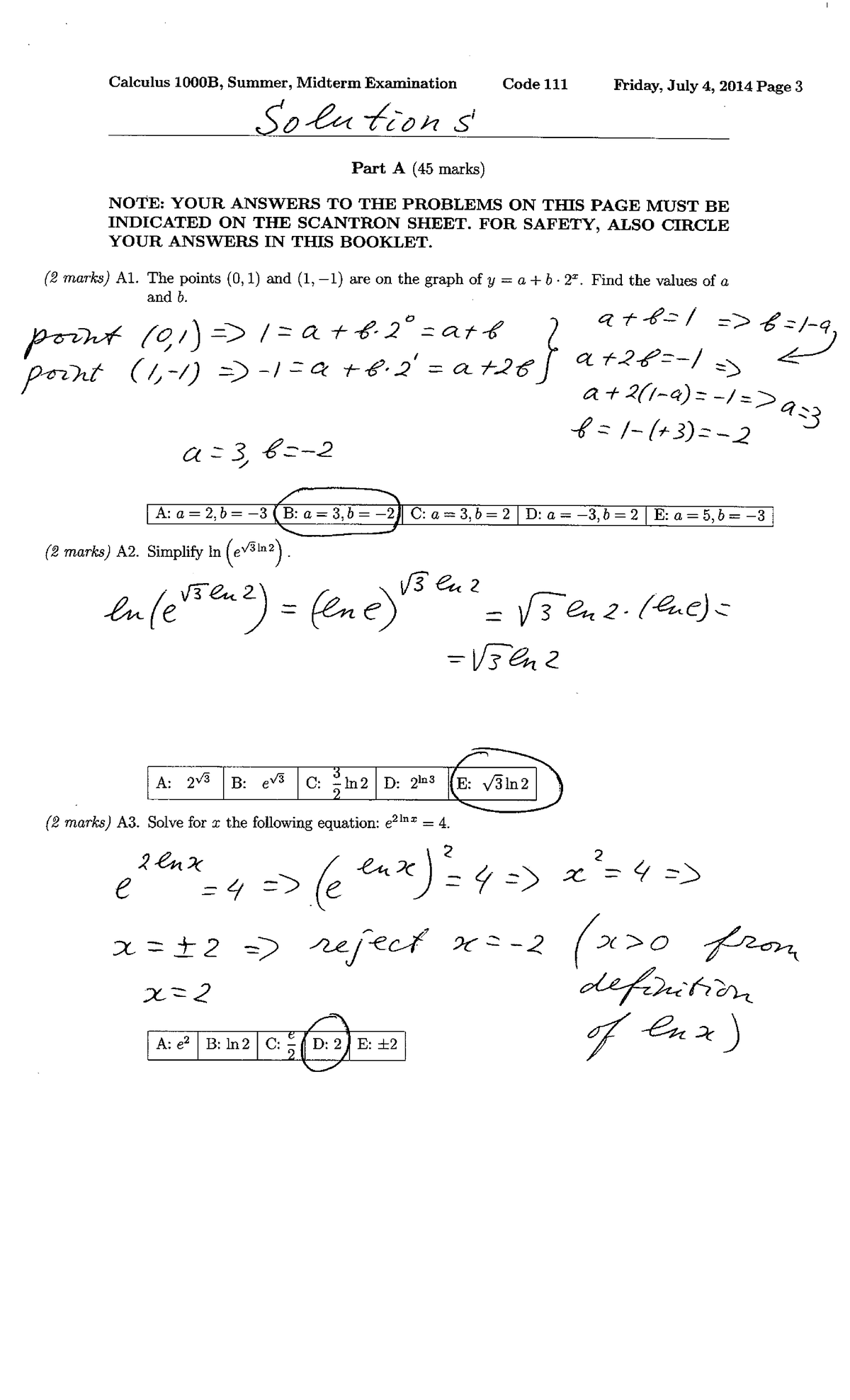 Midterm 4 July Summer 2014, Questions And Answers - Calculus 1000A/B ...