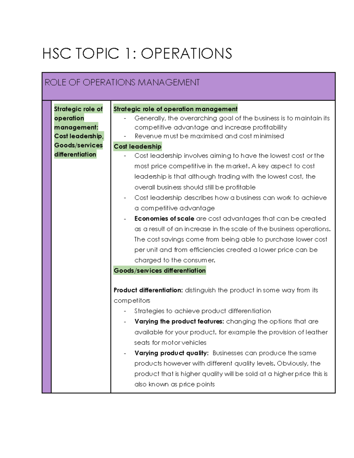 HSC Business Studies Notes Operations - HSC TOPIC 1: OPERATIONS ROLE OF ...