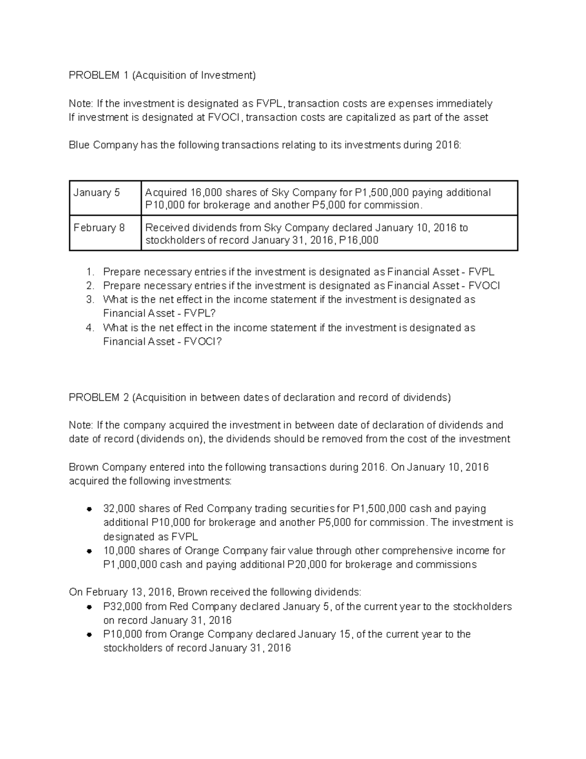 RP Financial- Asset-FVPL- Fvoci - PROBLEM 1 (Acquisition of Investment ...