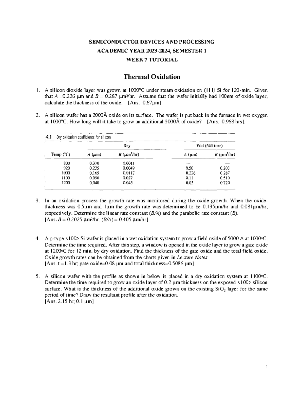 Week 7 Thermal Oxidation - Semiconductor Devices And Processing 