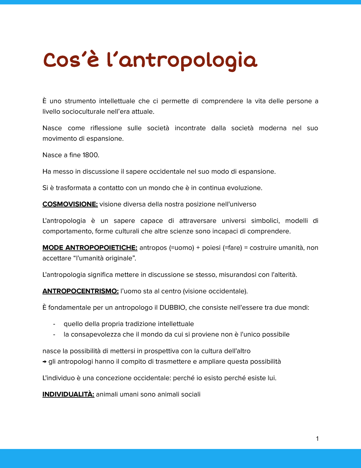 RAntr Manuale-001 - Riassunto Antropologia culturale - ANTROPOLOGIA  CULTURALE IL CONCETTO DI CULTURA - Studocu