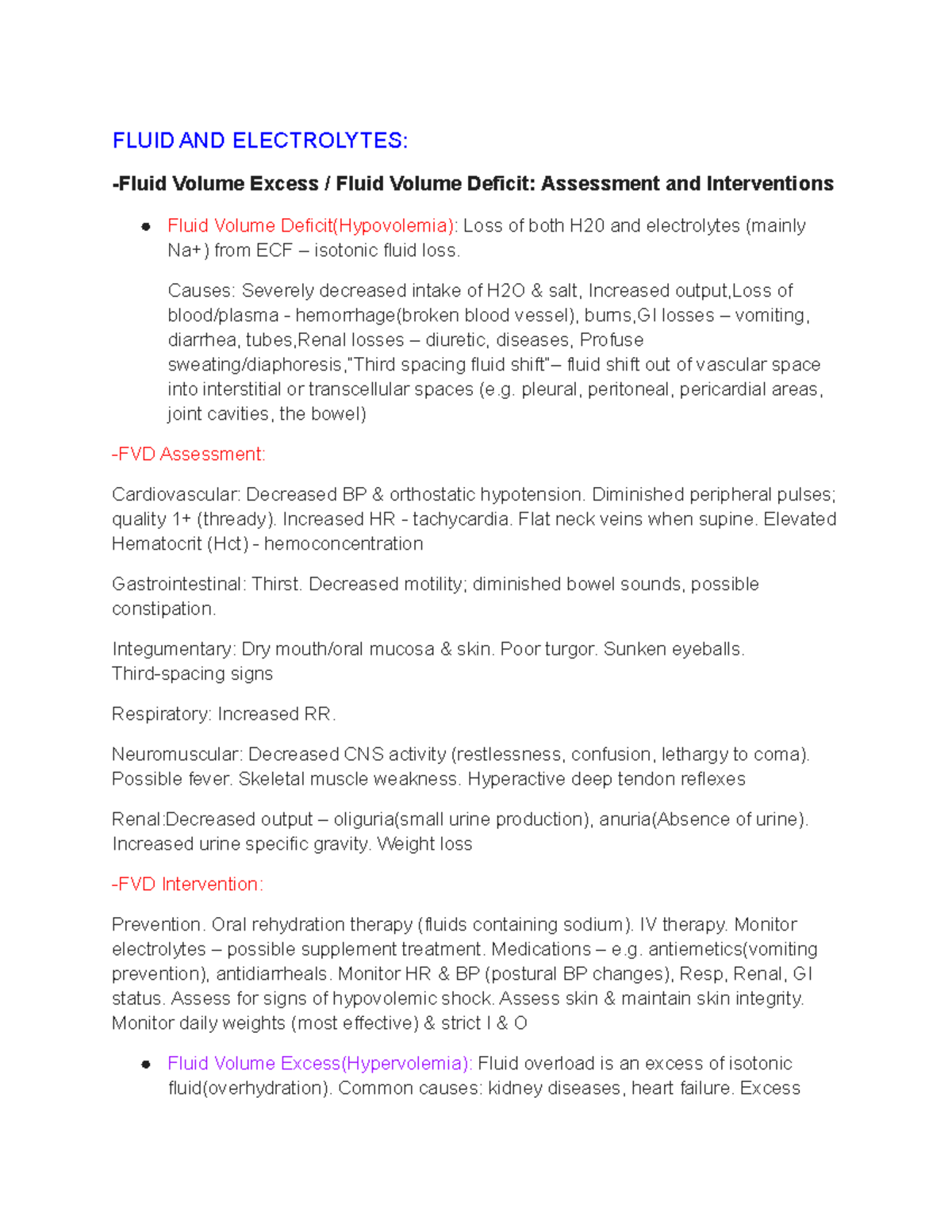 Funds Exam 2 Review Sheet Fluid And Electrolytes Fluid Volume