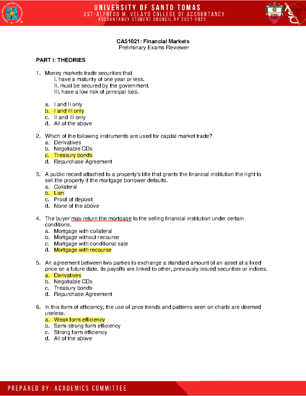 Prelims ASC Reviewer Finmar CA51021 Financial Markets Preliminary
