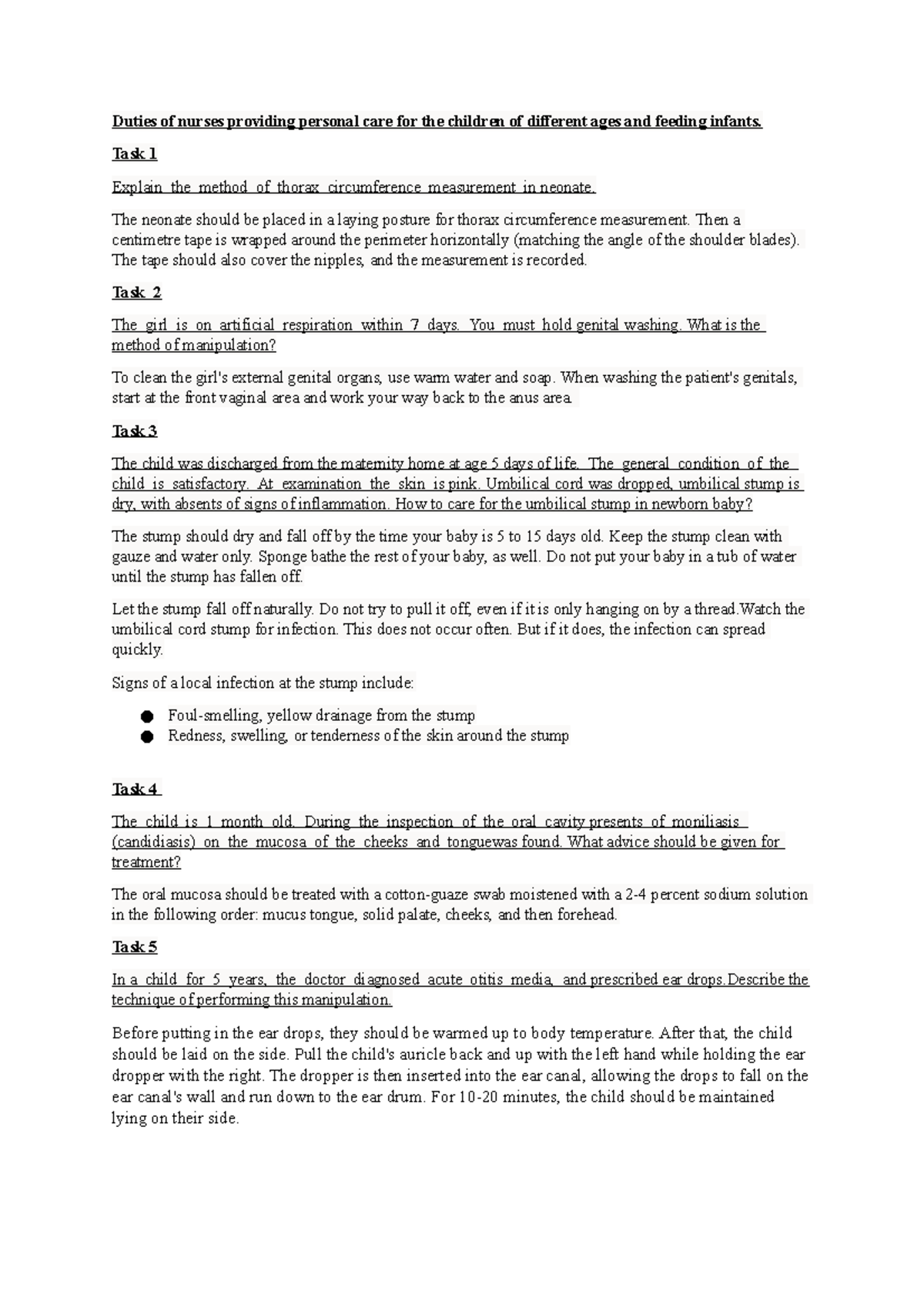 Duties of nurses providing personal care for the children of different