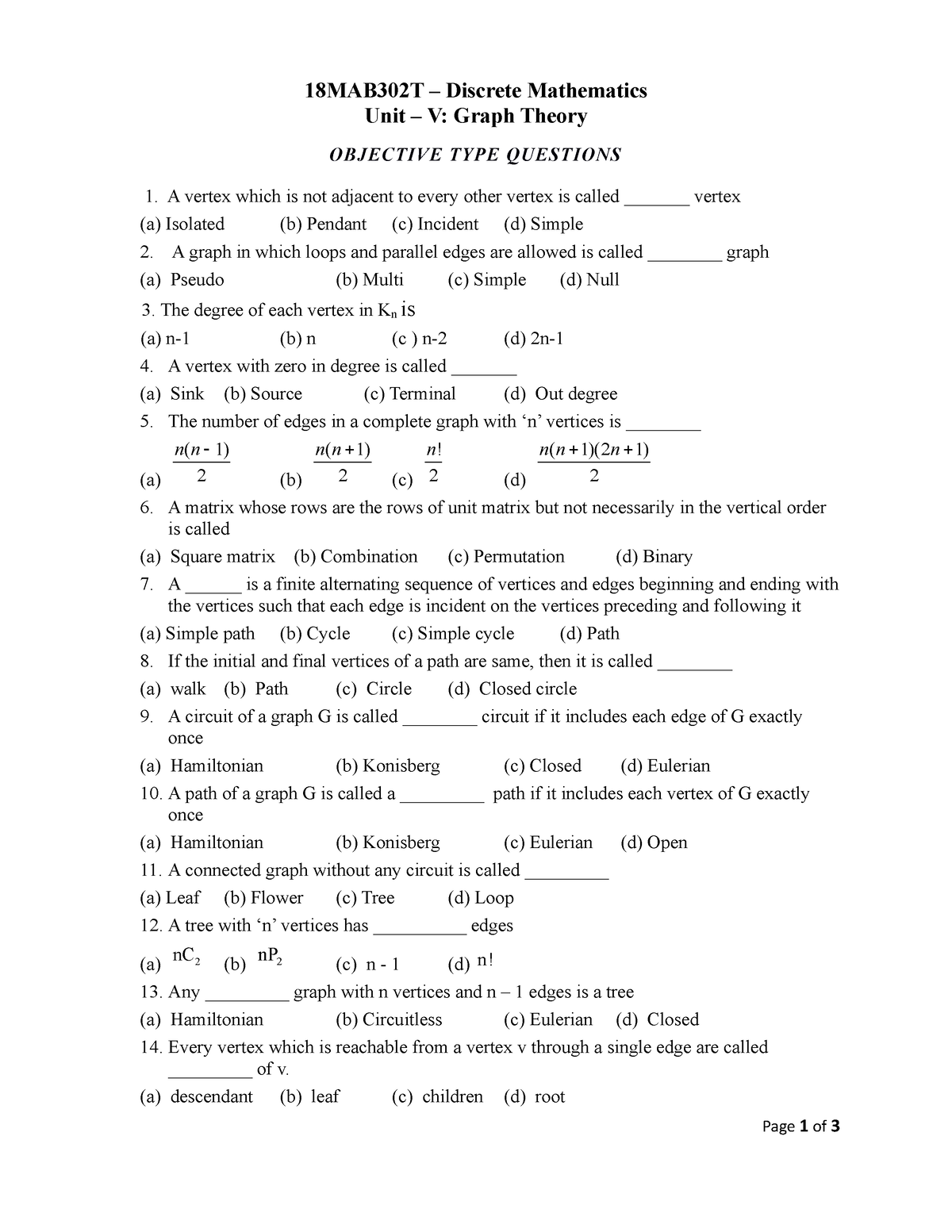 Unit 5 - Notes - 18MAB302T – Discrete Mathematics Unit – V: Graph ...