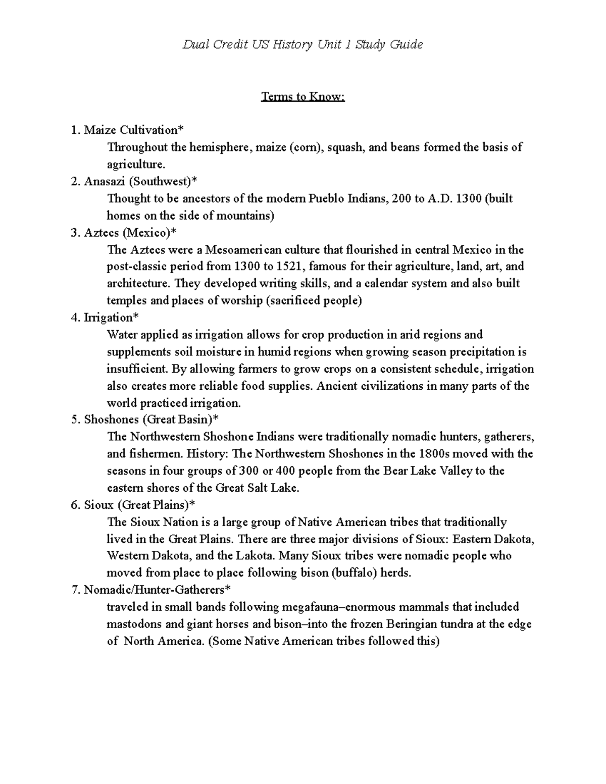 US History Unit 1 Study Guide Terms to Know Maize Cultivation