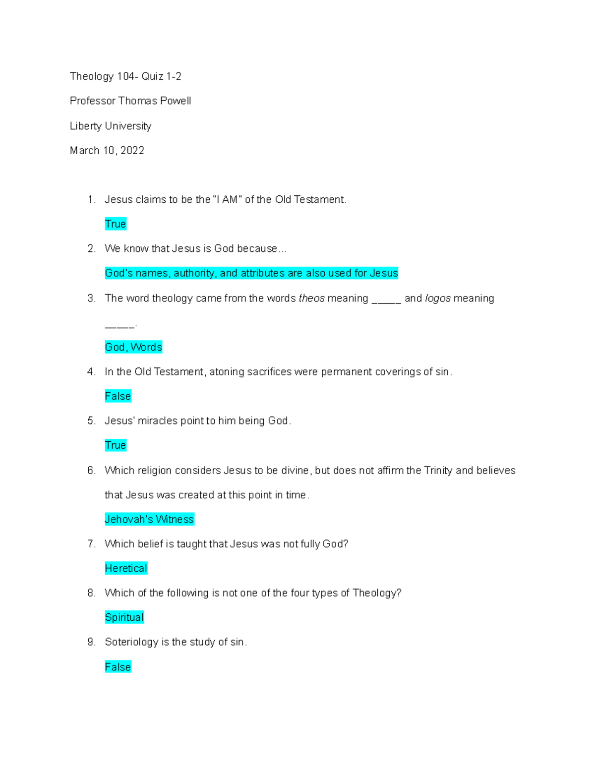 Theology 104- Quizzes 1-2 - Theology 104- Quiz 1- Professor Thomas ...