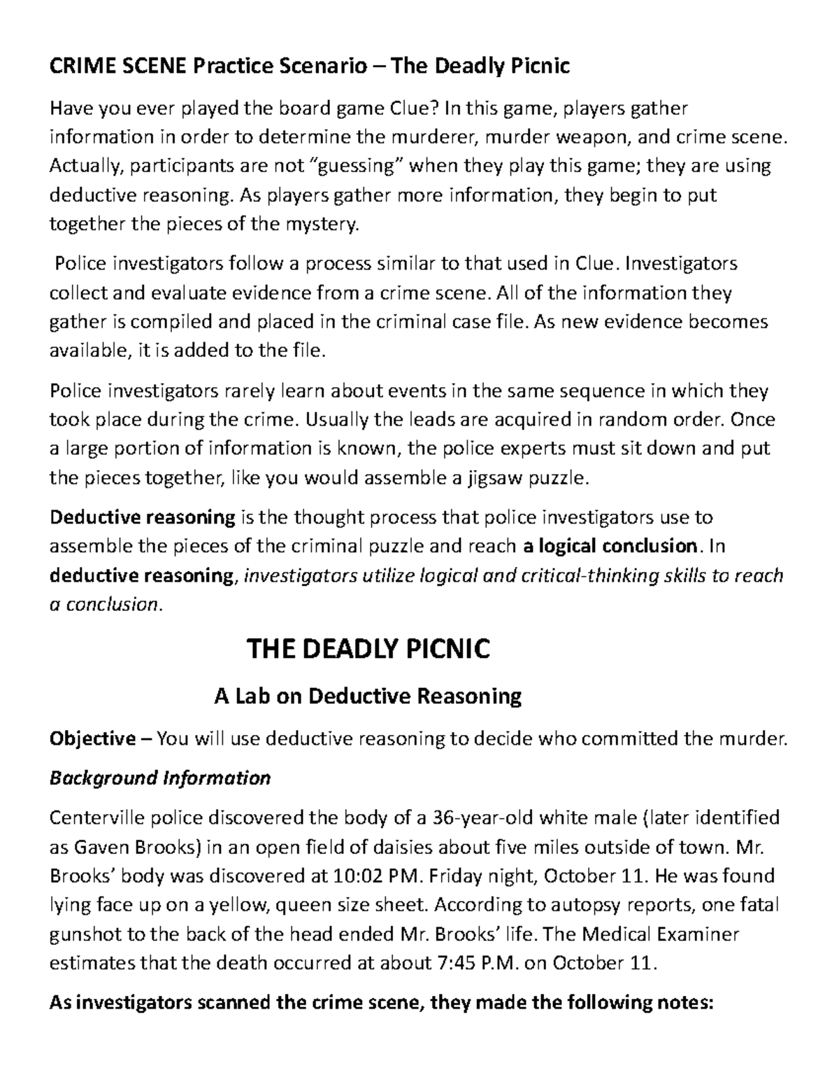 Deadly Picnic CRIME SCENE Practice Scenario The Deadly Picnic Have