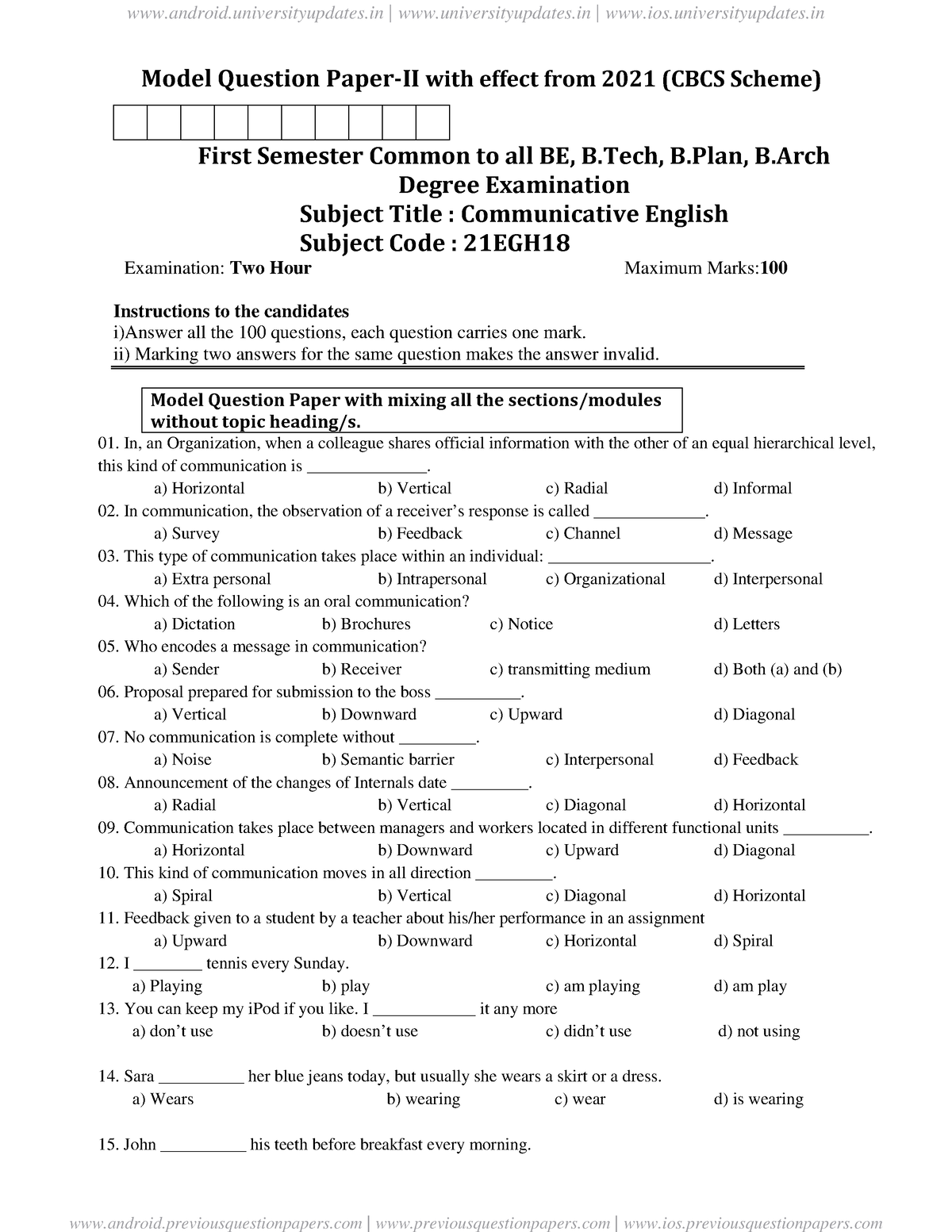 English Vtu Engineering - Model Question Paper-ii With Effect From 2021 