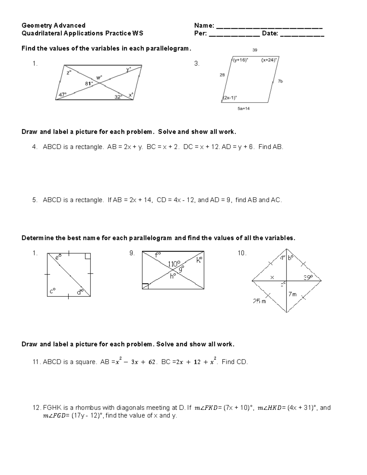 4.2 Quadrilateral Applications Practice WS - Geometry Advanced Name