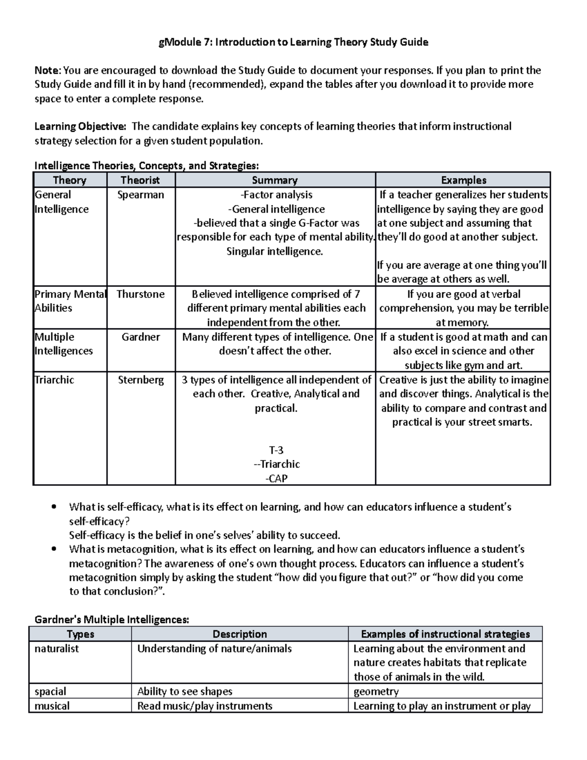 Study guide 7 - gModule 7: Introduction to Learning Theory Study Guide ...