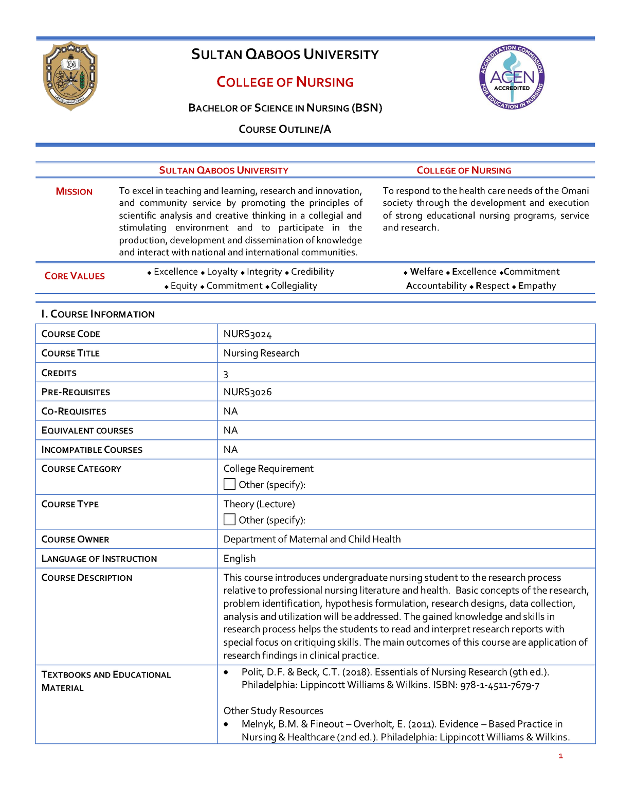 NURS3024 Nursing Research Course Outline- Fall 2023 - SULTAN QABOOS ...