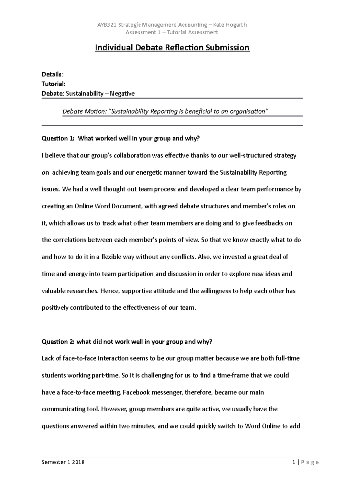 Individual Debate Reflection Submission - We Had A Well Thought Out ...