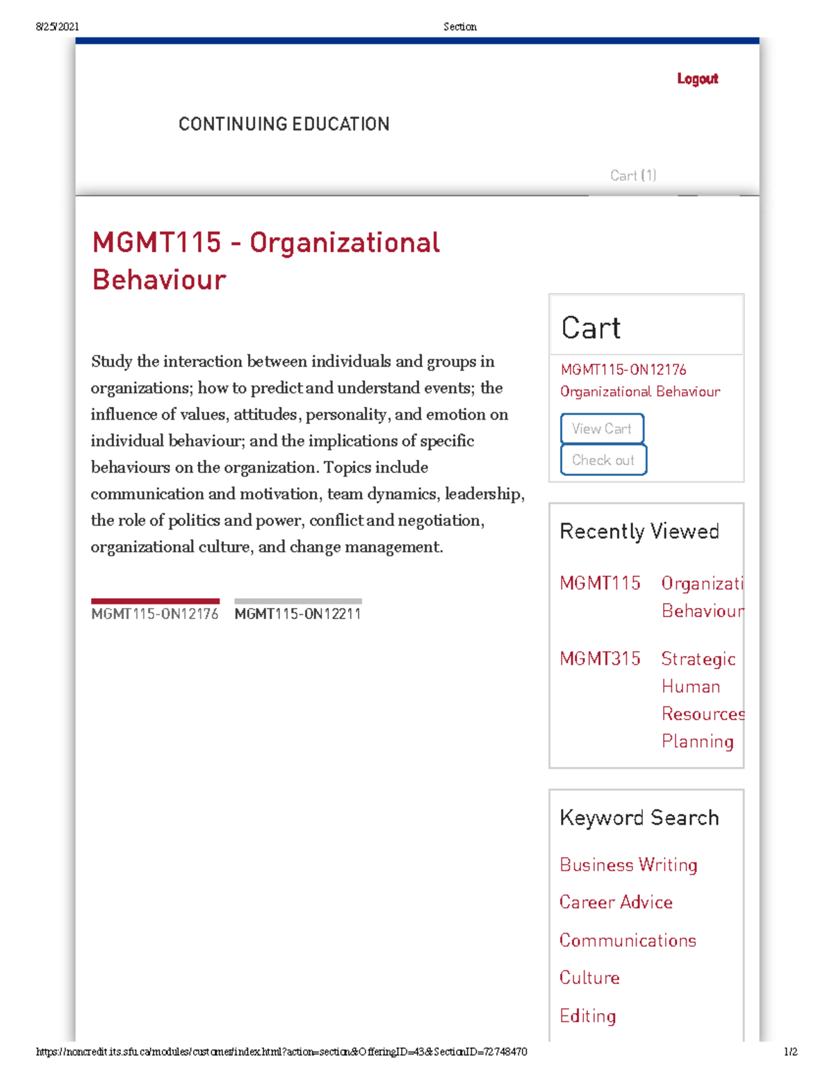 MGMT115 Organization Behaviour Course Outline - 8/25/2021 Section - Studocu