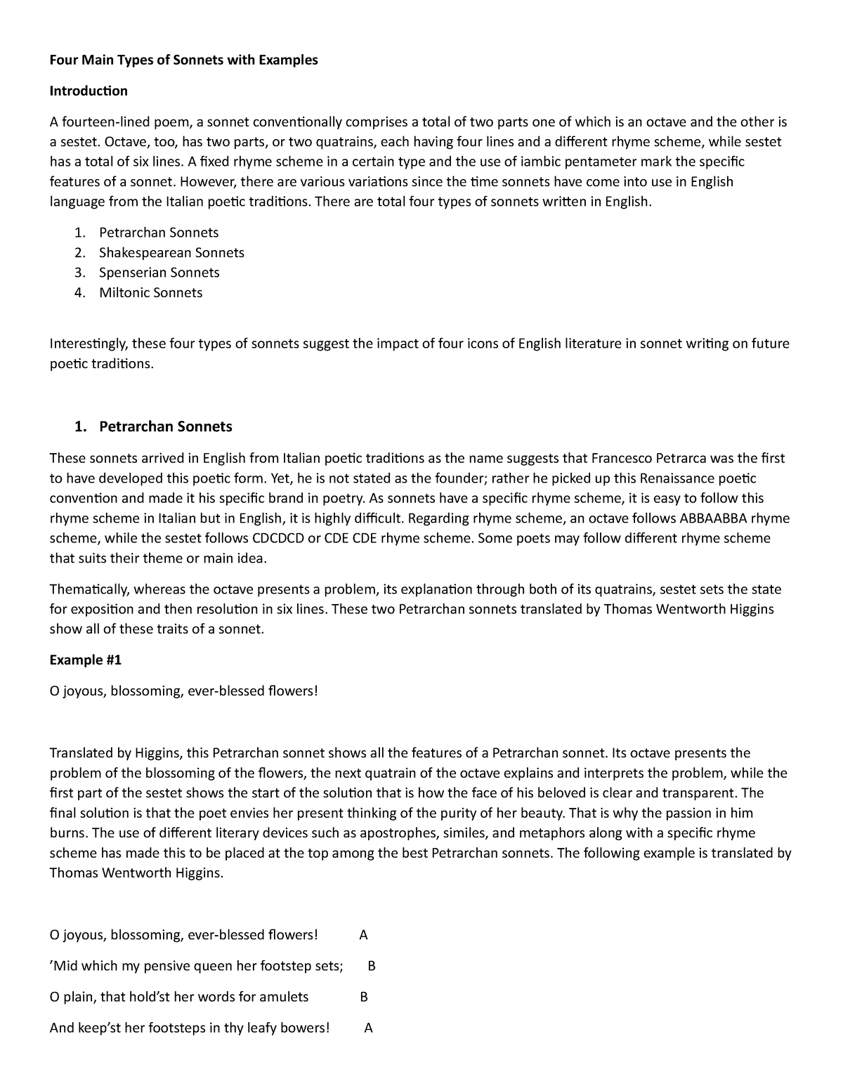 Four Main Types of Sonnets with Examples - Four Main Types of Sonnets ...