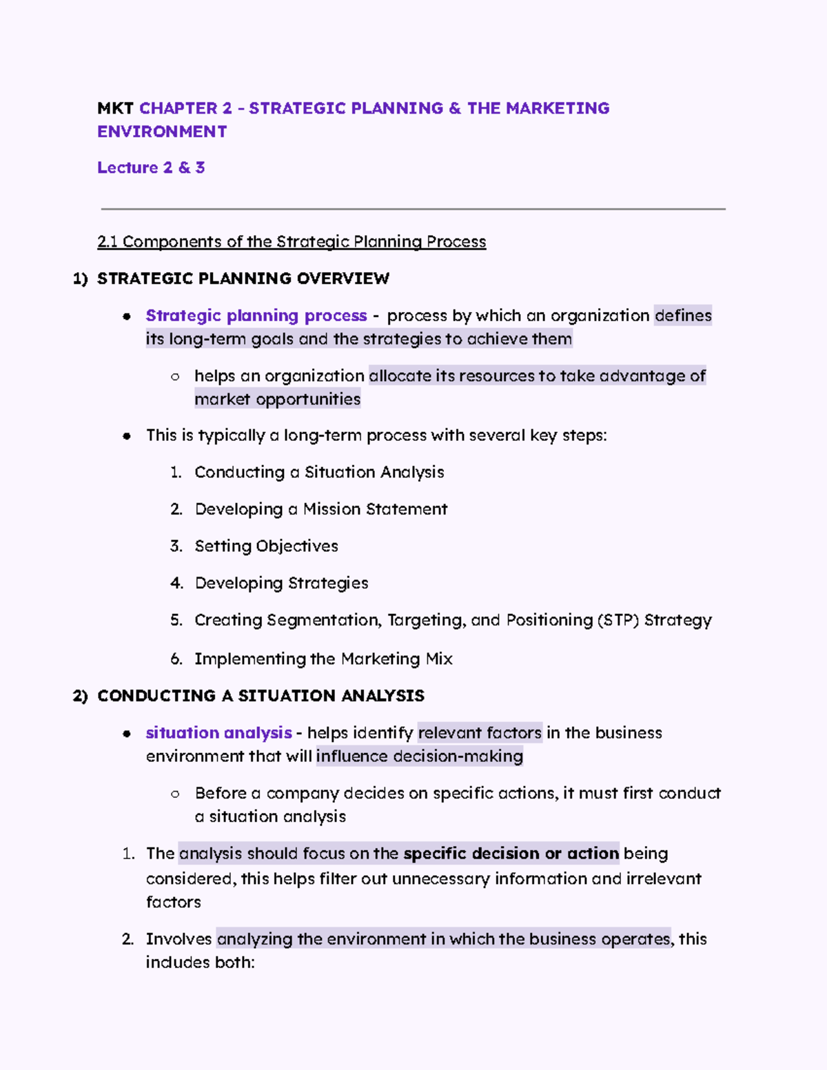 Marketing Chapter 2 Notes - MKT CHAPTER 2 - STRATEGIC PLANNING & THE ...