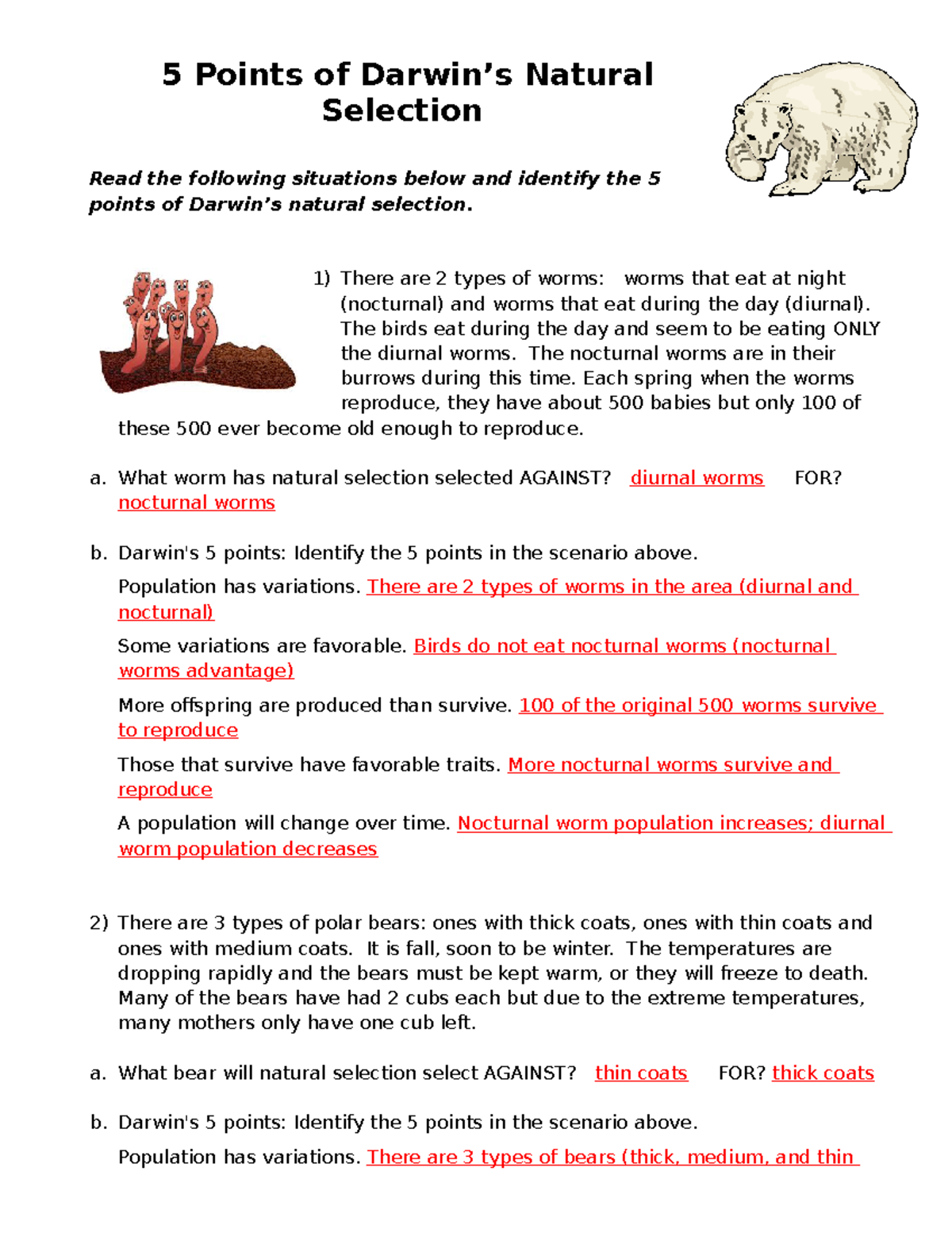 5 Points of Natural Selection Answer Key 5 Points of Darwin’s Natural Selection Read the