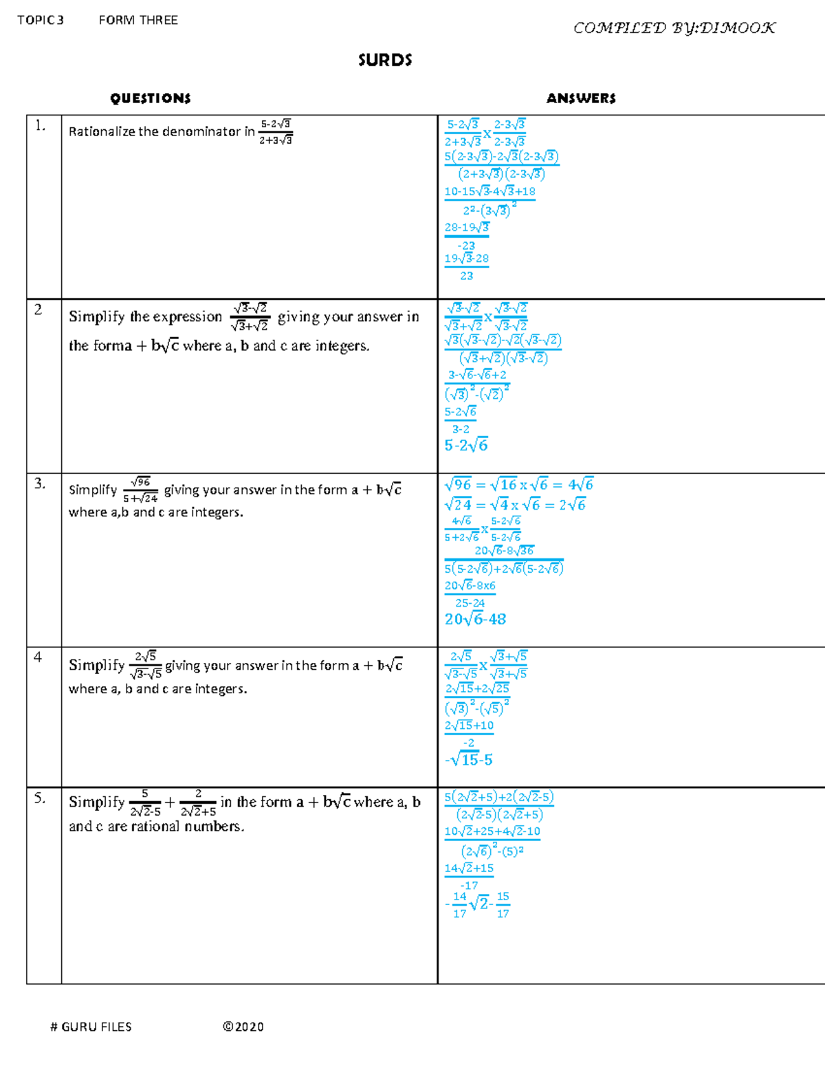 3.4 Surds MS - SURDS COMPILED BY:DIMOOK QUESTIONS ANSWERS 1 ...
