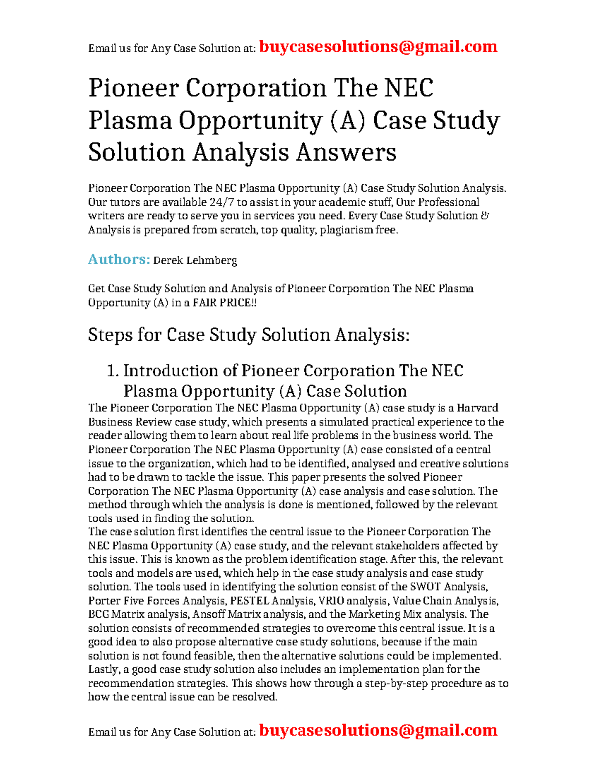 Case Solution Pioneer Corporation The NEC Plasma Opportunity (A ...