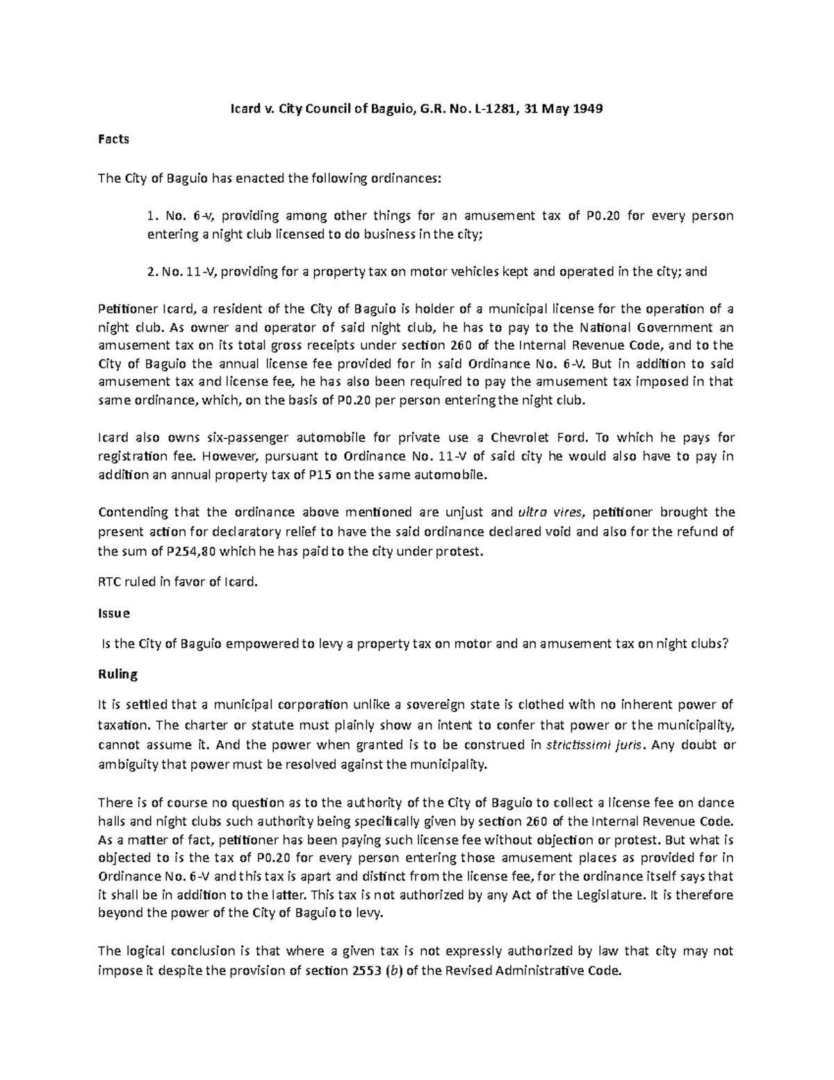 Icard v. City Council of Baguio case digest Icard v. City Council of
