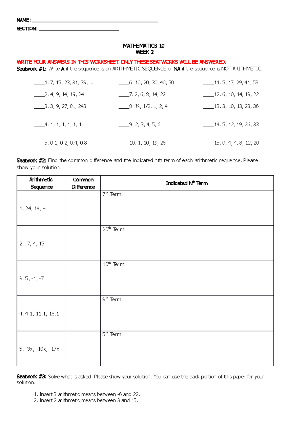 Arithmetic Sequence - NSEAMECTI:O N:_ - Studocu