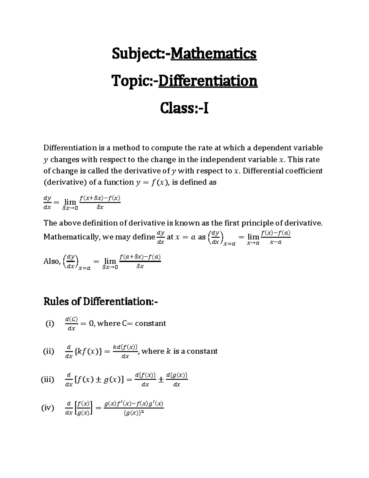 Differentiation Class 1 Notes Mathematics Honours Calcutta Differentiation Class 1 Notes Mathematics Honours Calcutta