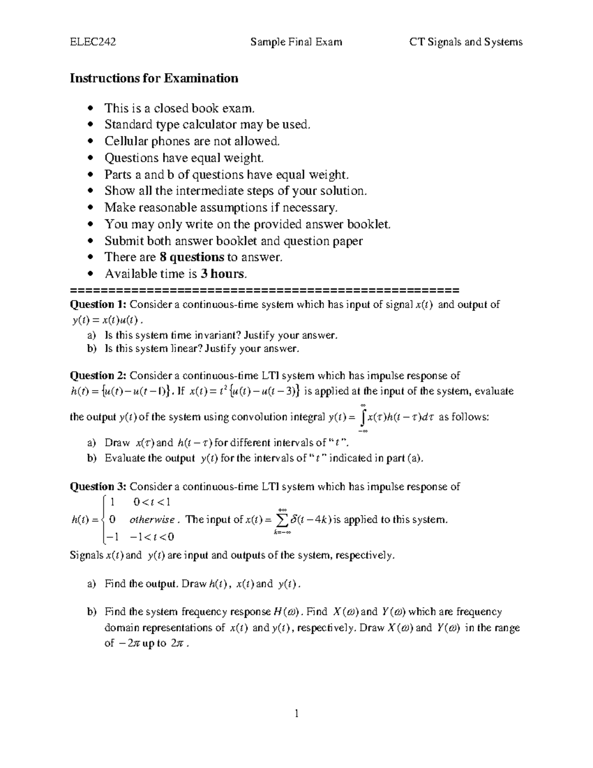 ELEC242 Sample Final Exam, W16 - ELEC242 Sample Final Exam CT Signals ...