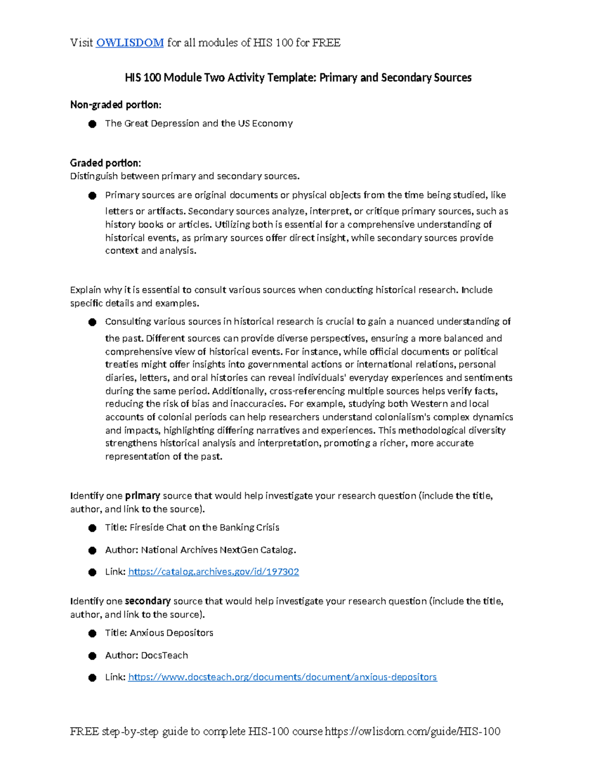 His 100 2 2 Activity Primary And Secondary Sources Visit Owlisdom For